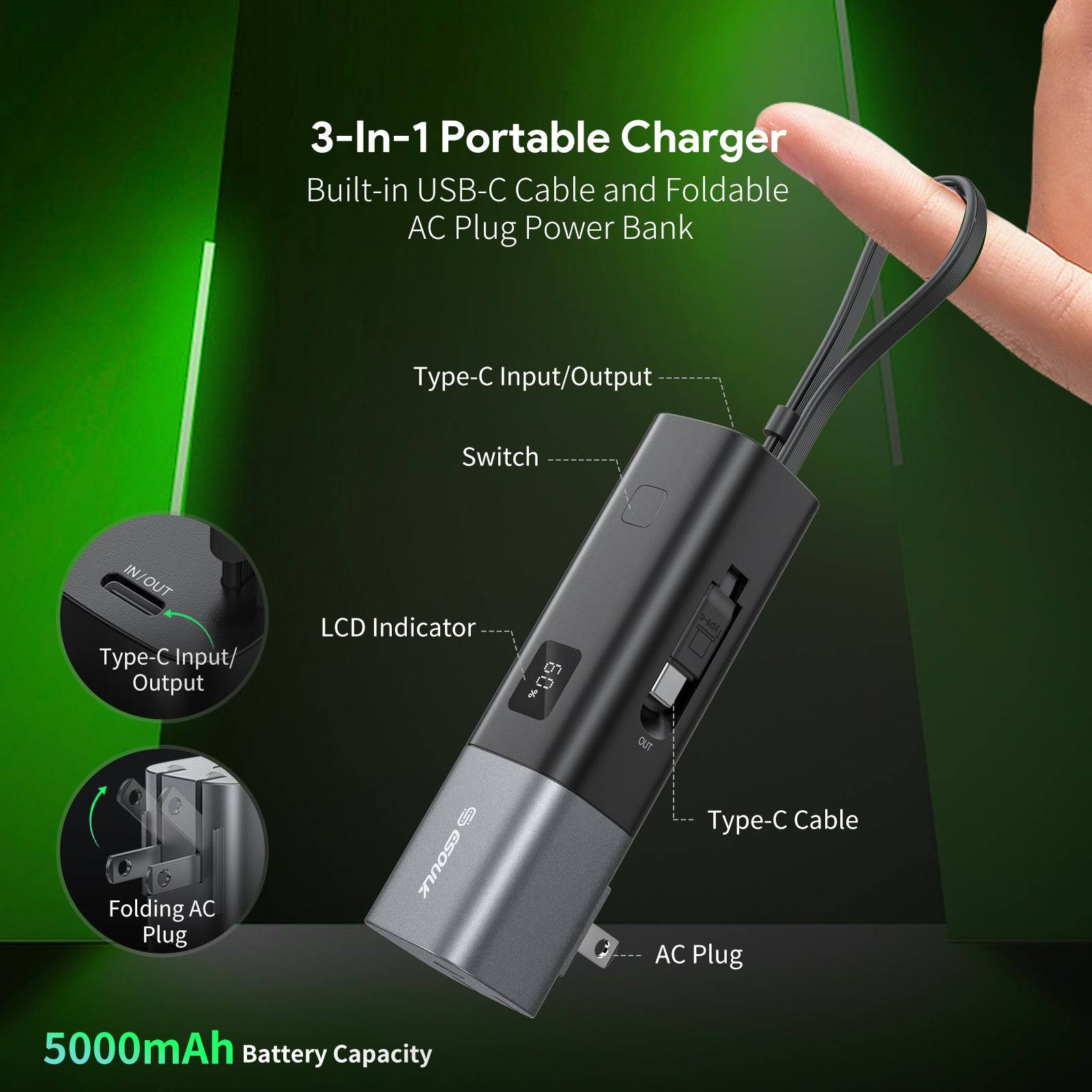 Esoulk Built-In USB-C Cable Power Bank 5000mAh with Foldable All-Plug.