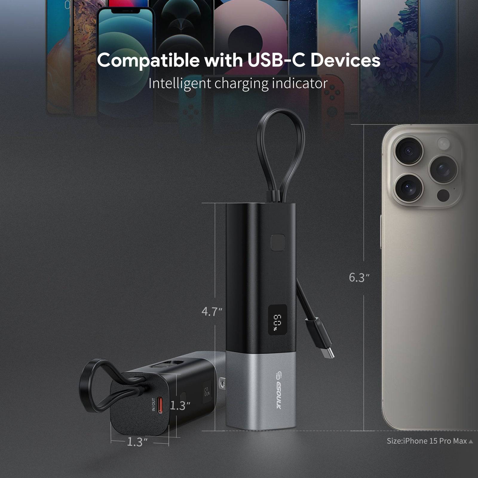Esoulk Built-In USB-C Cable Power Bank 5000mAh with Foldable All-Plug.