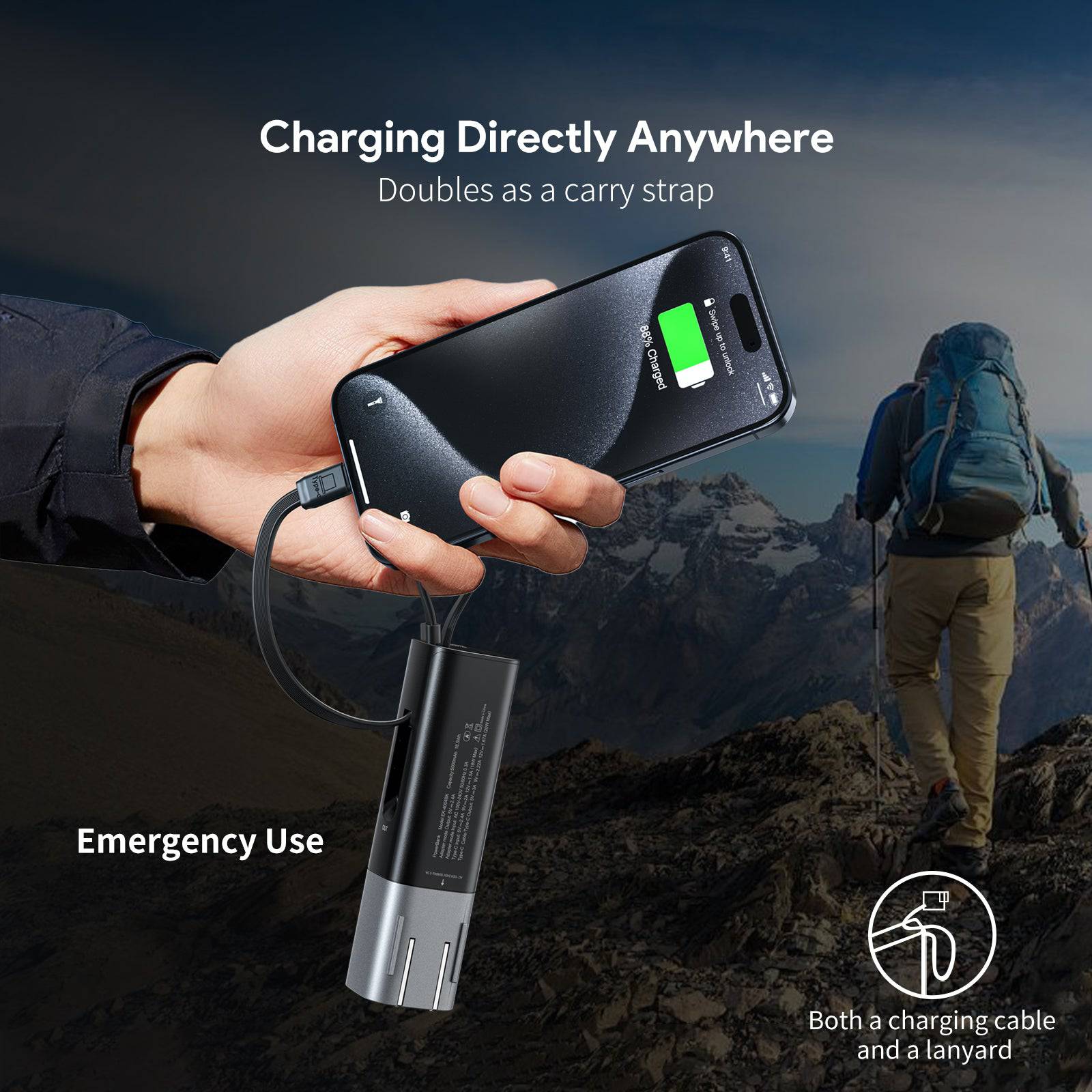 Esoulk Built-In USB-C Cable Power Bank 5000mAh with Foldable All-Plug.