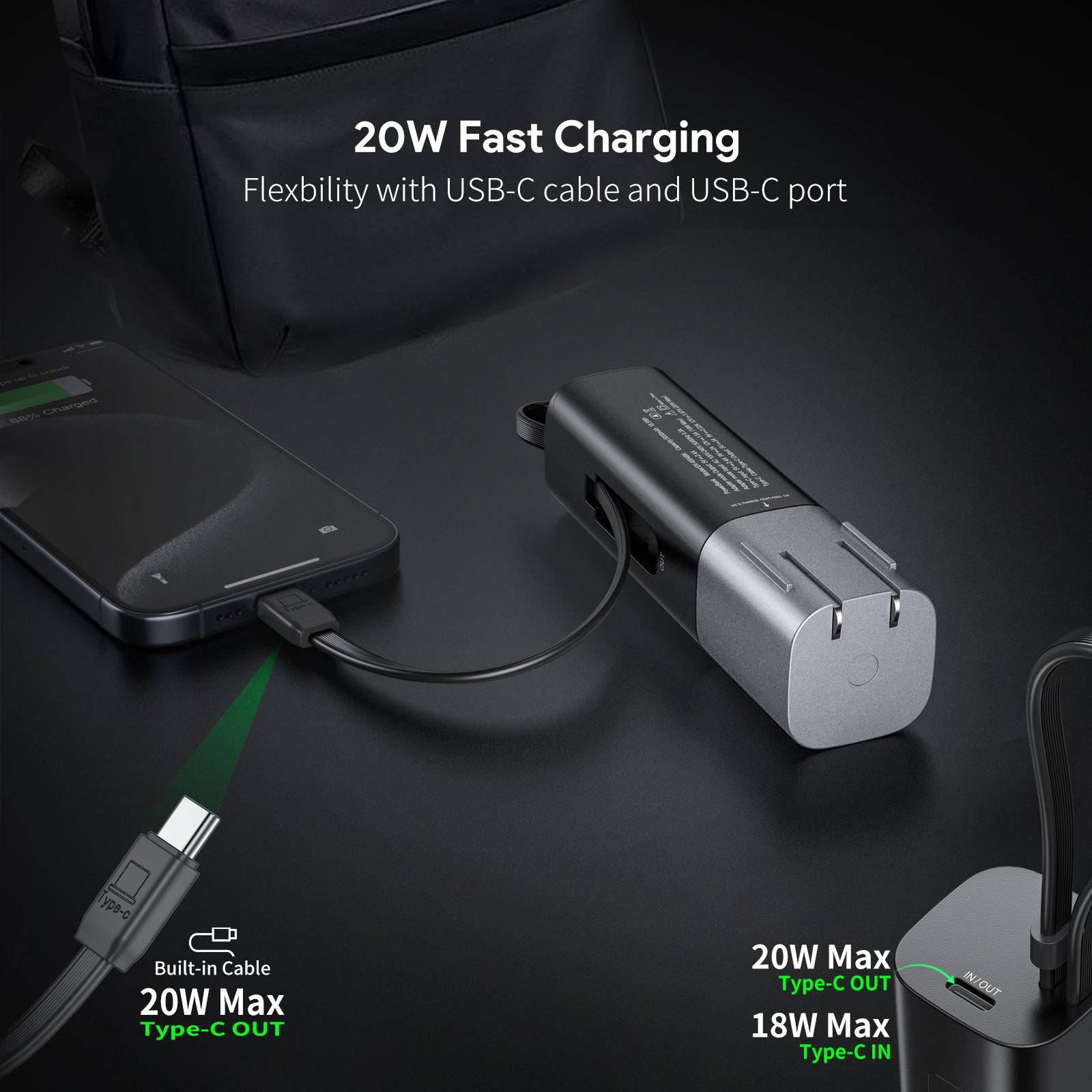 Esoulk Built-In USB-C Cable Power Bank 5000mAh with Foldable All-Plug.