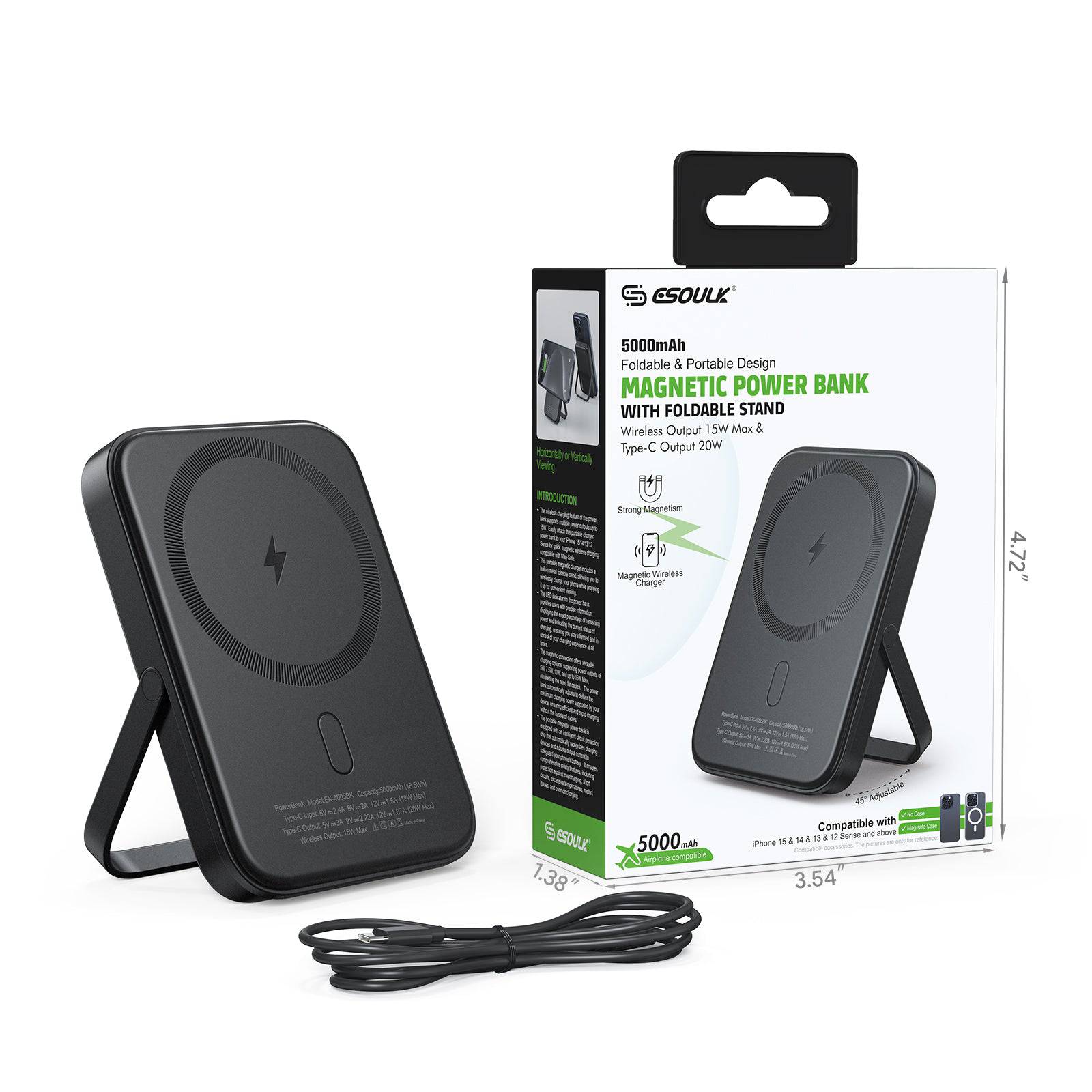 Esoulk Magnetic Power Bank 5000mAh Foldable & Portable Design.