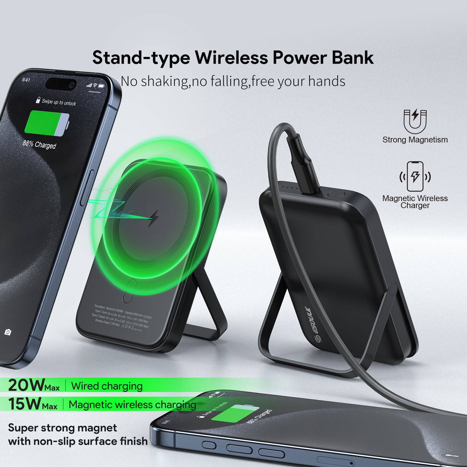 Esoulk Magnetic Power Bank 5000mAh Foldable & Portable Design.