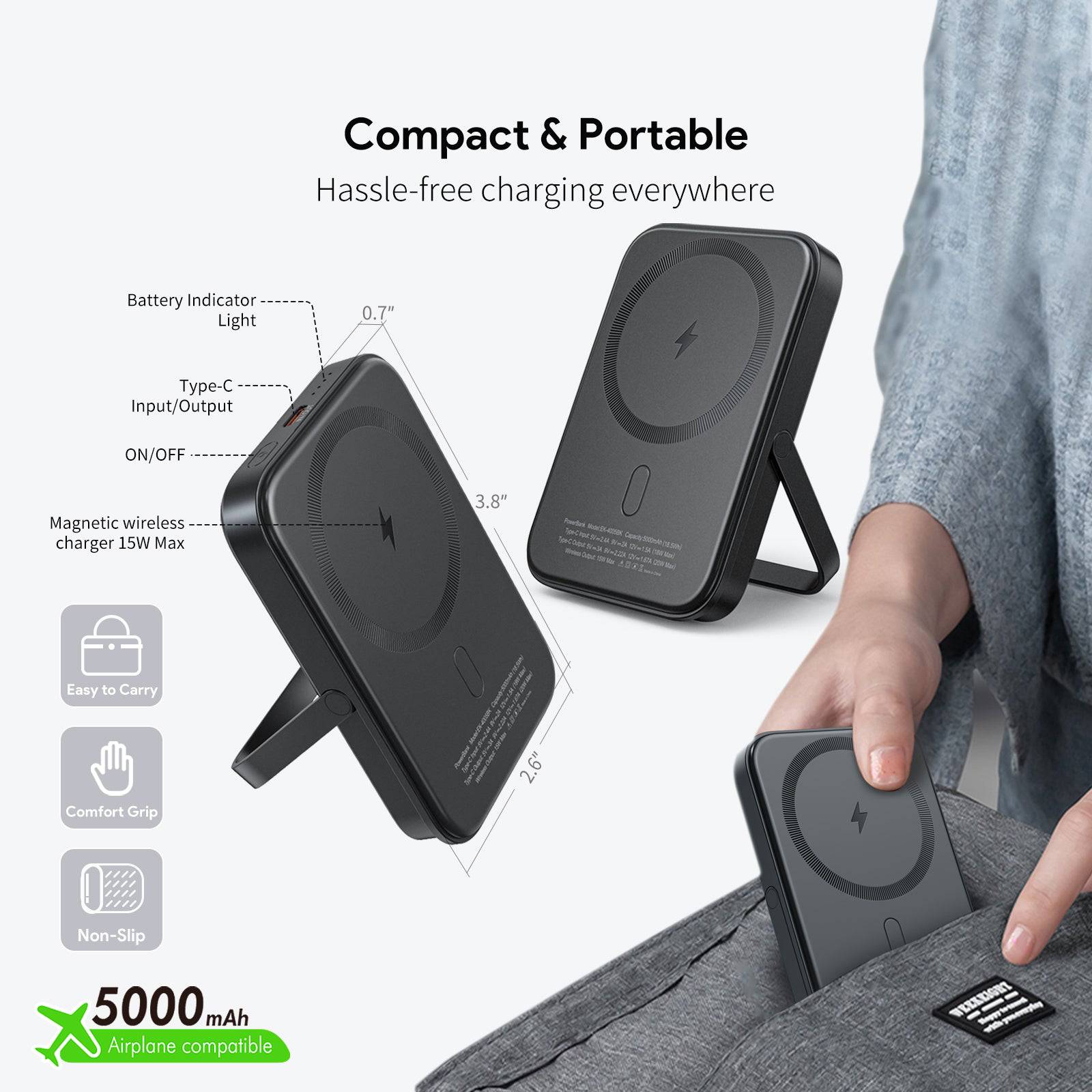 Esoulk Magnetic Power Bank 5000mAh Foldable & Portable Design.