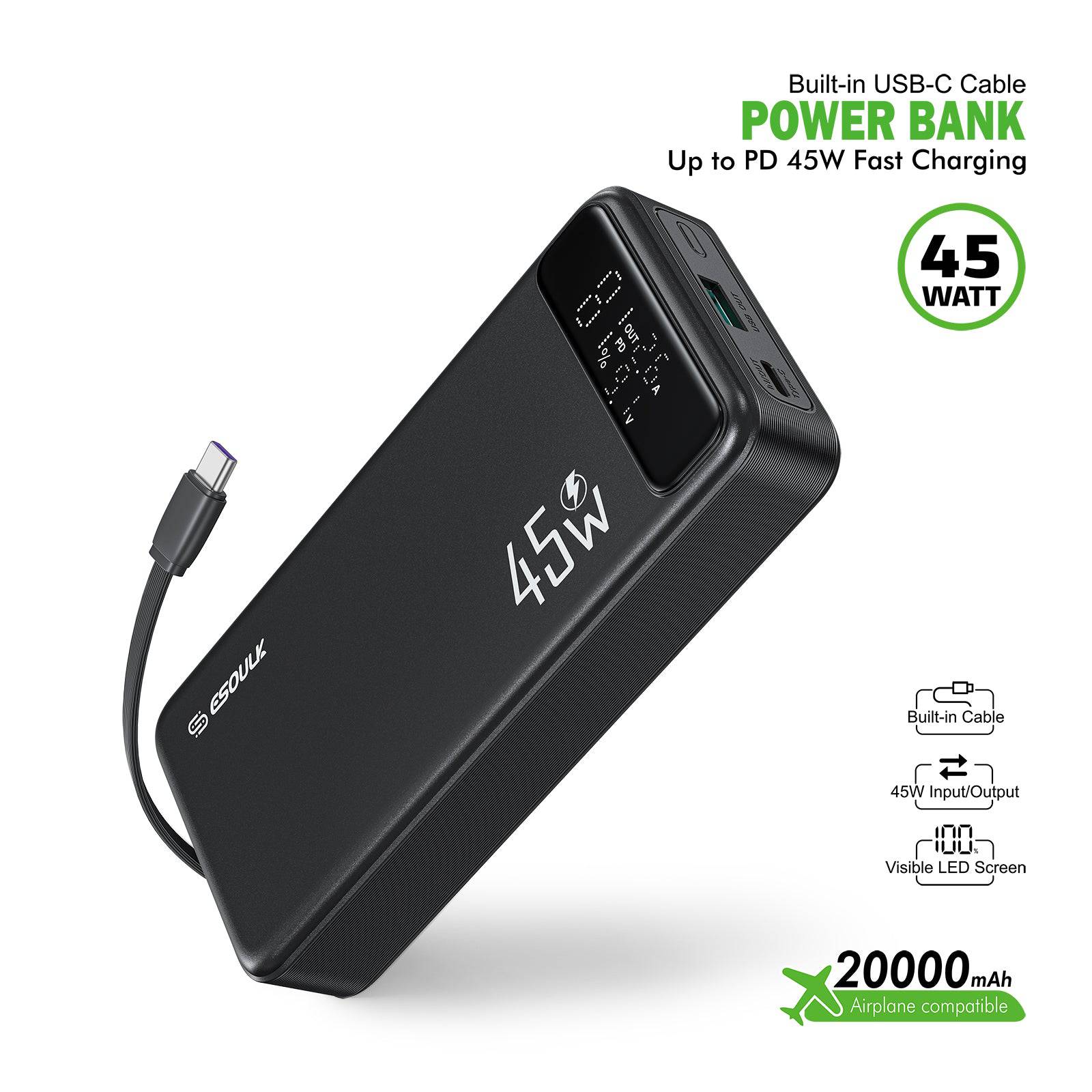 Esoulk Power Bank with Built-In USB-C Cable 20,000mAh 45W – Fast Charging.