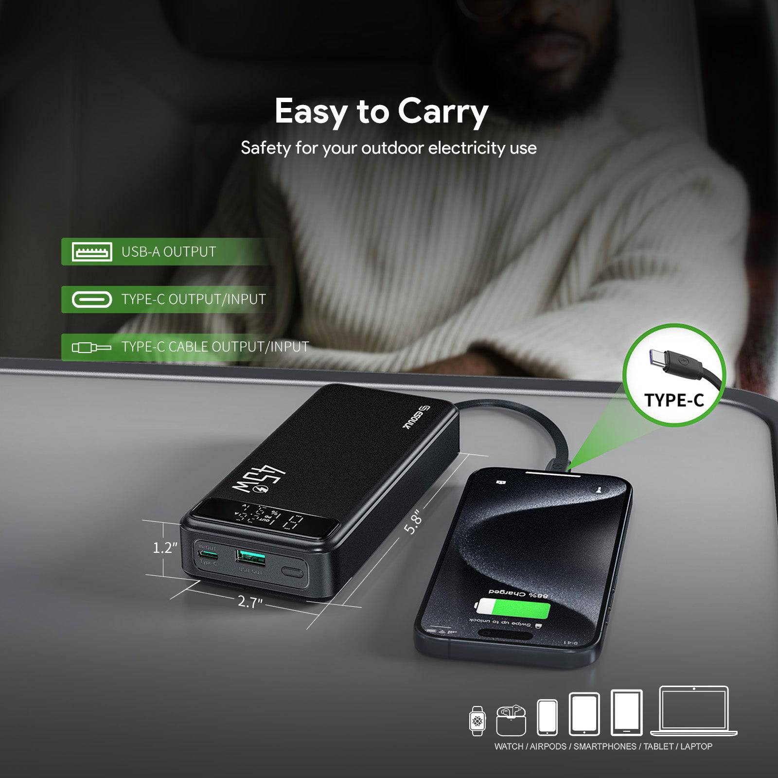 Esoulk Power Bank with Built-In USB-C Cable 20,000mAh 45W – Fast Charging.