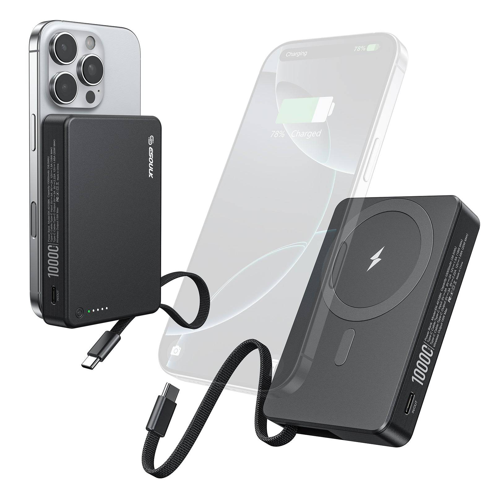 Esoulk 10,000mAh Magnetic Wireless Charger with Built-in Type-C Cable.