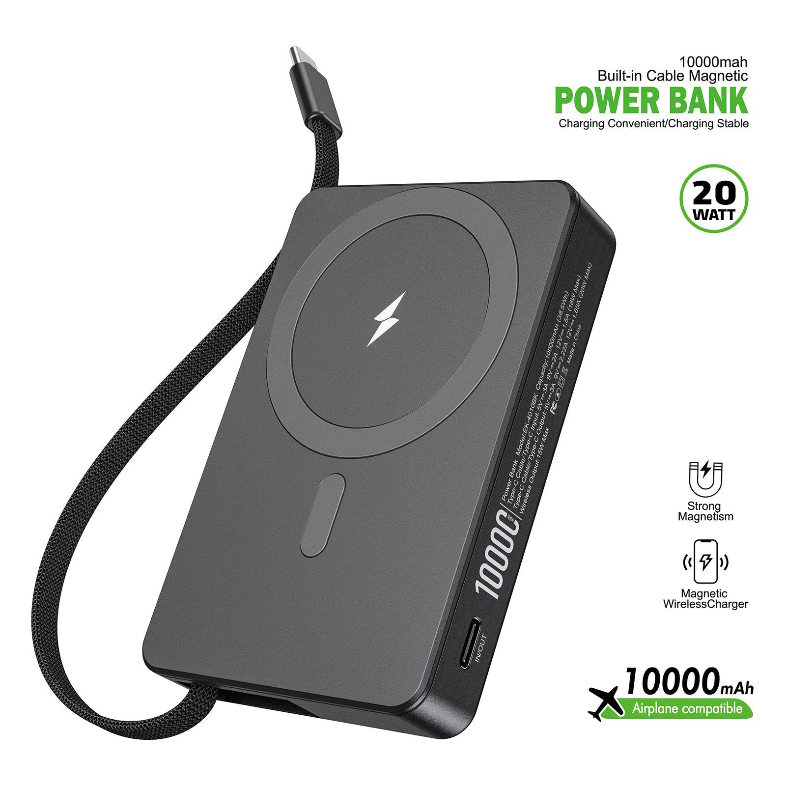 Esoulk 10,000mAh Magnetic Wireless Charger with Built-in Type-C Cable.