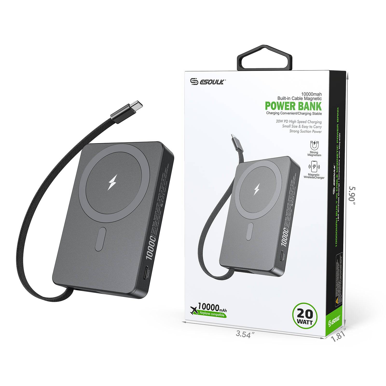 Esoulk 10,000mAh Magnetic Wireless Charger with Built-in Type-C Cable.