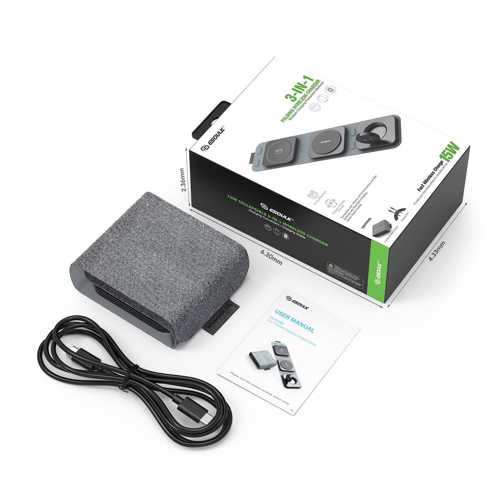 Esoulk 3-In-1 Folding Wireless Charger |  Charging of Phones, Earpods and Smart Watches.