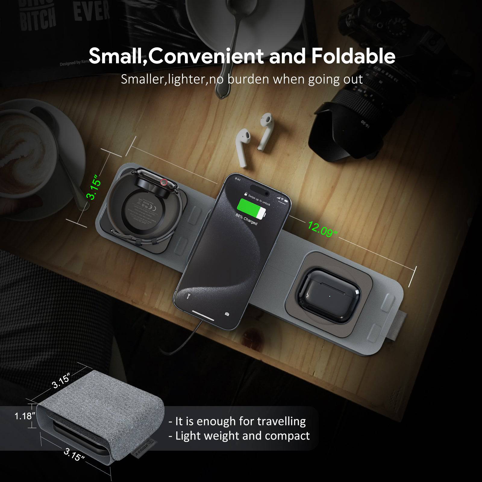 Esoulk 3-In-1 Folding Wireless Charger |  Charging of Phones, Earpods and Smart Watches.