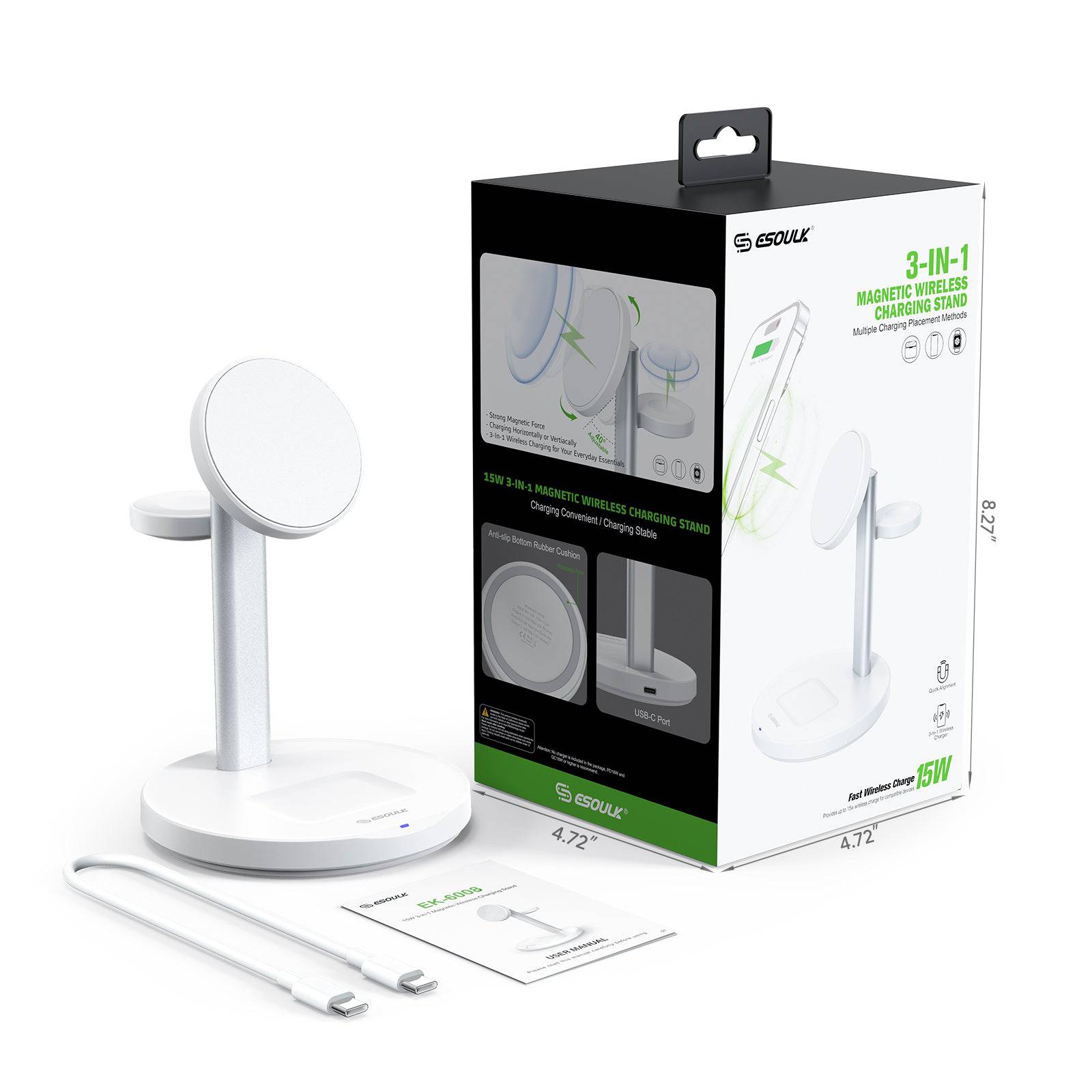 Esoulk 3-IN-1 Magnetic Wireless Fast Charger Stand | Multiple Charging Placement Methods.
