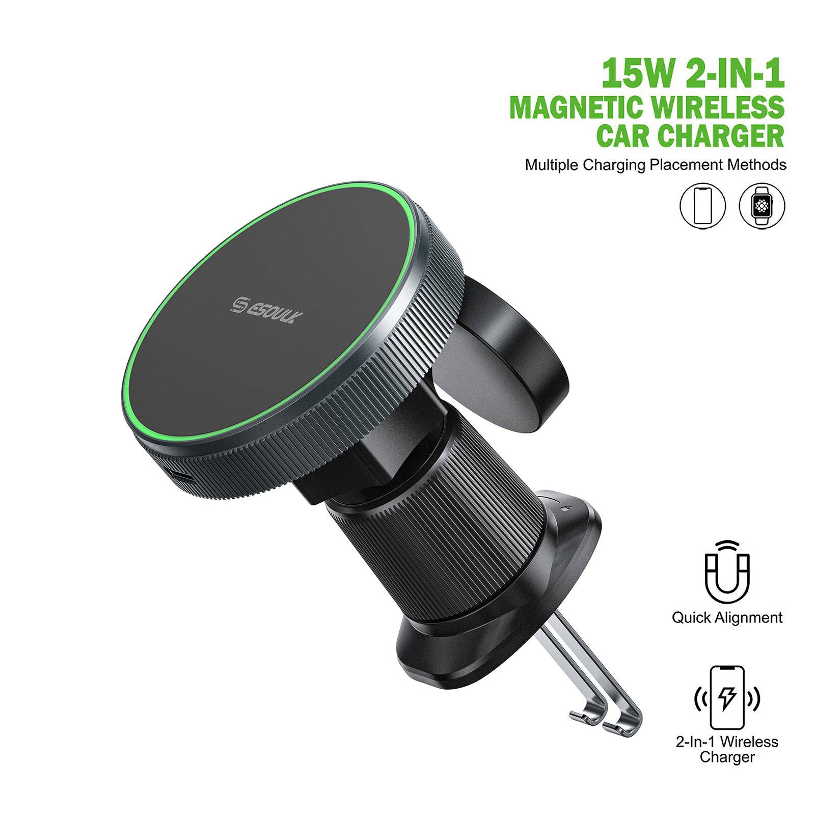Esoulk Magnetic Wireless Car Charger 2-IN-1 with 15W Fast Charging.