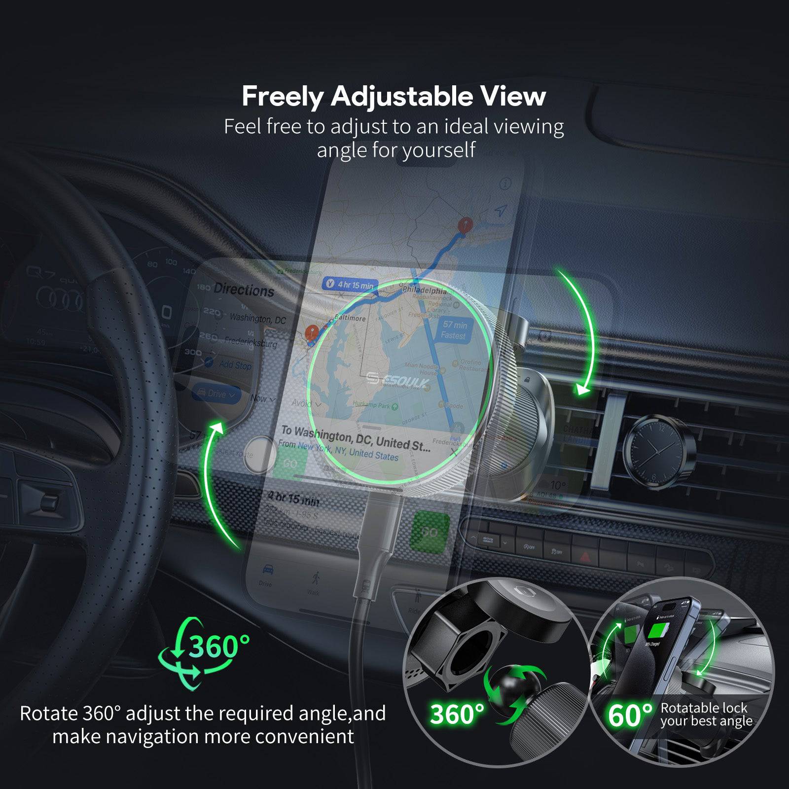 Esoulk Magnetic Wireless Car Charger 2-IN-1 with 15W Fast Charging.