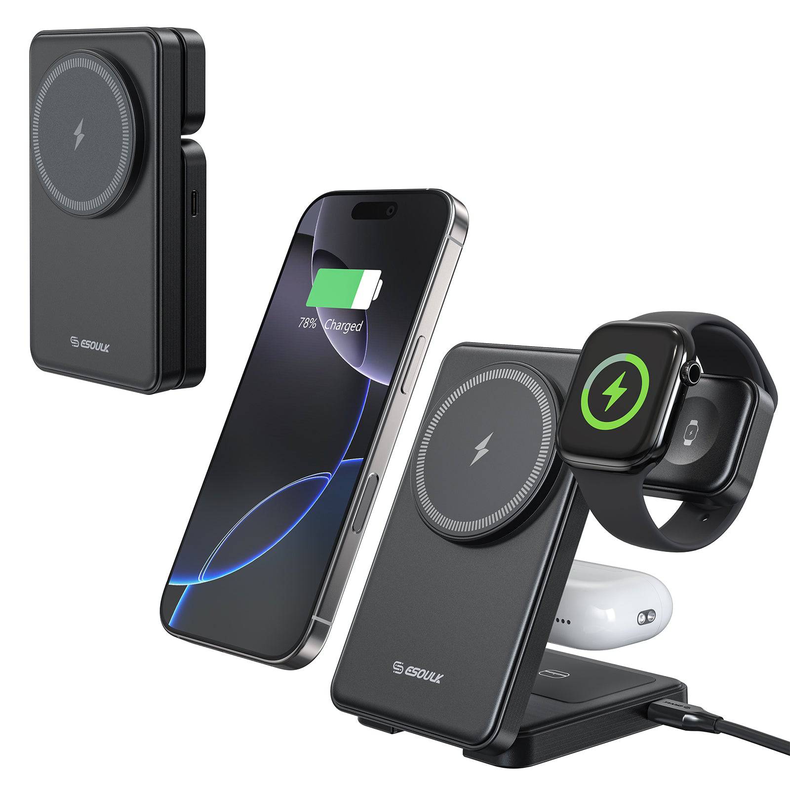 Esoulk 3-in-1 Foldable Magnetic Wireless Charger for smartphone, earbuds, and smartwatch.