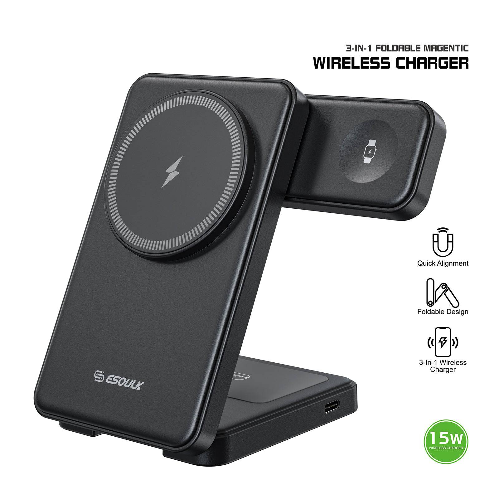 Esoulk 3-in-1 Foldable Magnetic Wireless Charger for smartphone, earbuds, and smartwatch.