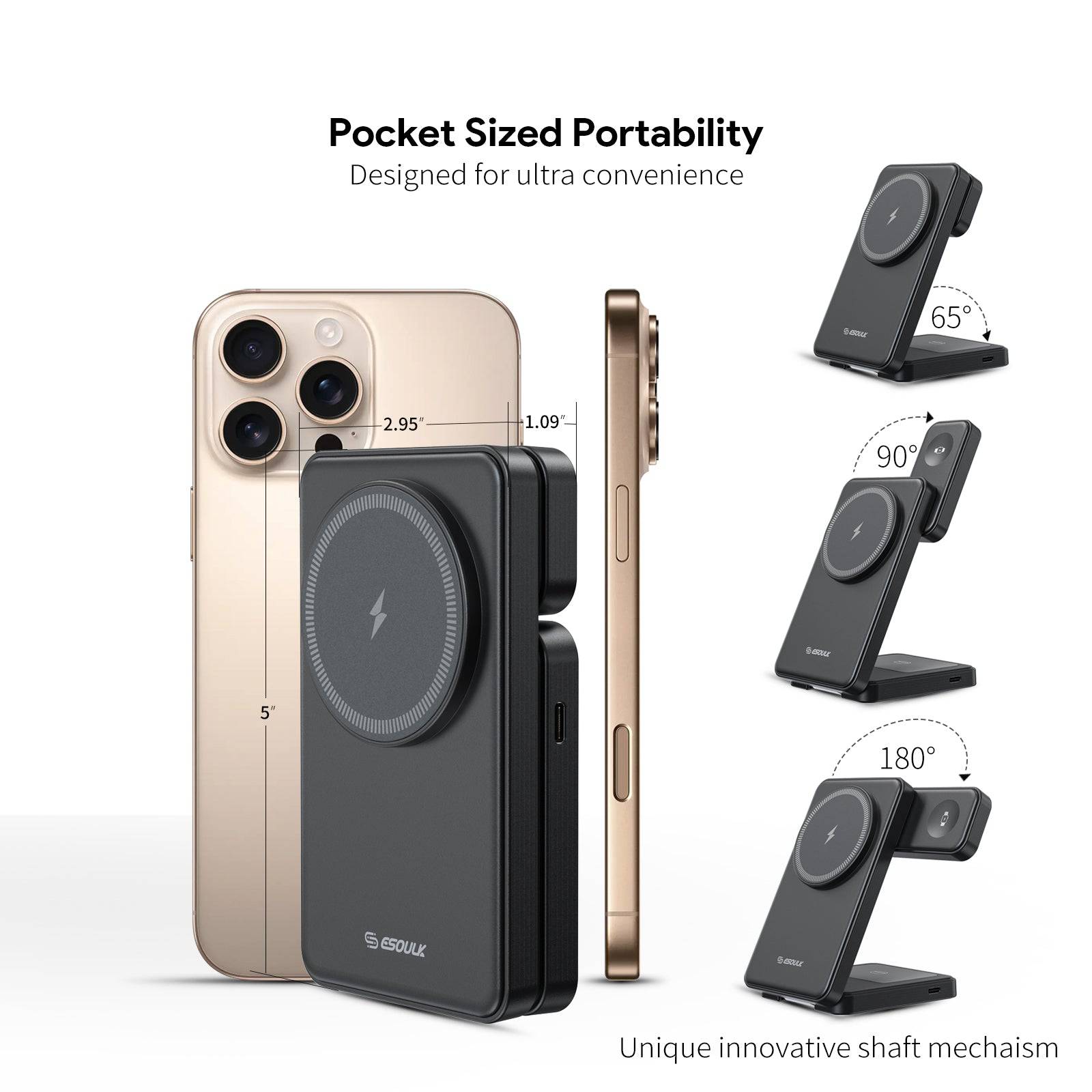 Esoulk 3-in-1 Foldable Magnetic Wireless Charger for smartphone, earbuds, and smartwatch.