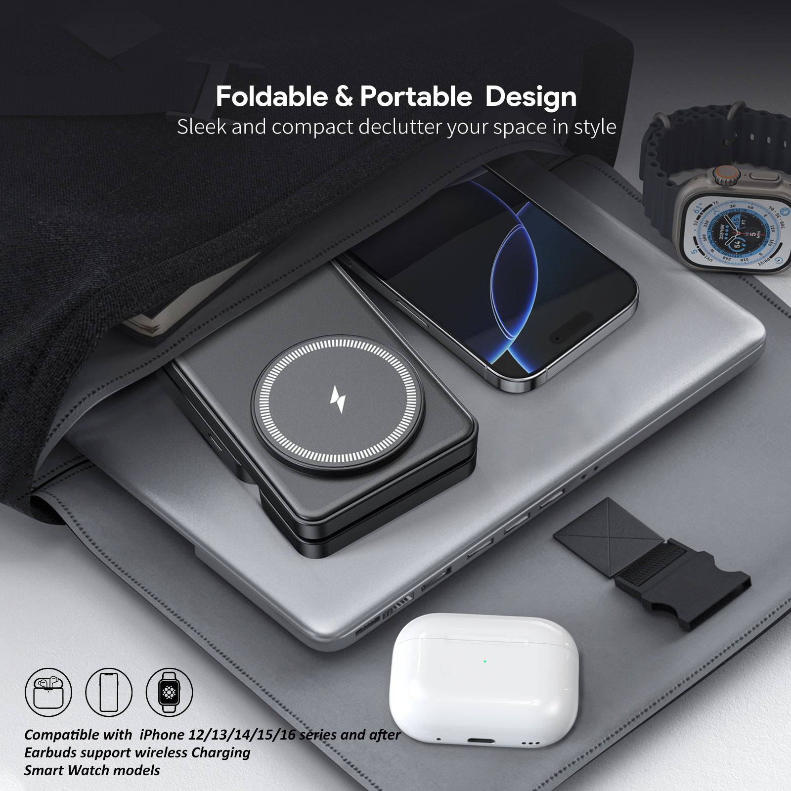 Esoulk 3-in-1 Foldable Magnetic Wireless Charger for smartphone, earbuds, and smartwatch.