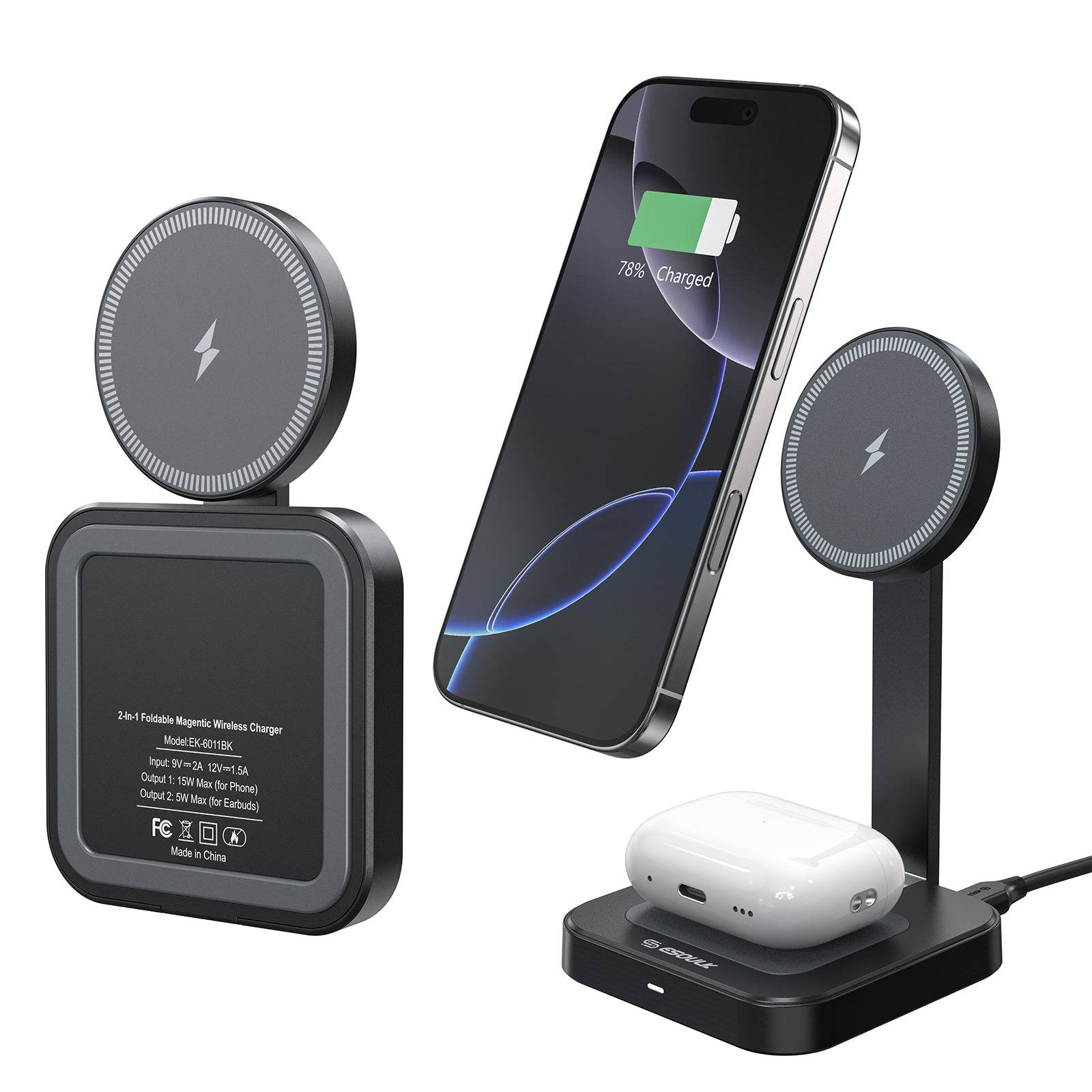 Esoulk 2-in-1 Foldable Magnetic Wireless Charger for phone and earbuds.