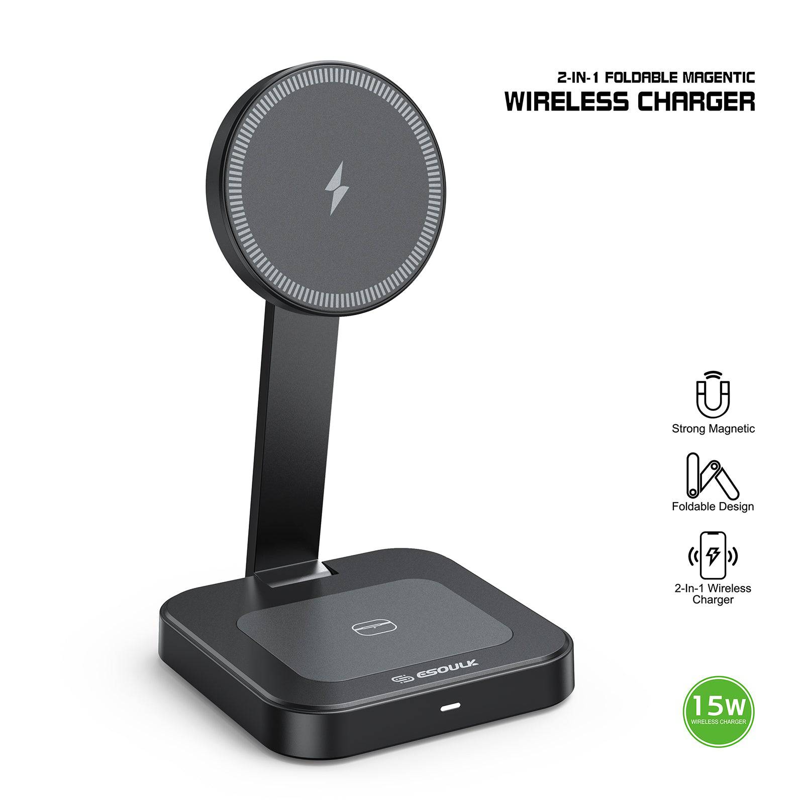 Esoulk 2-in-1 Foldable Magnetic Wireless Charger for phone and earbuds.