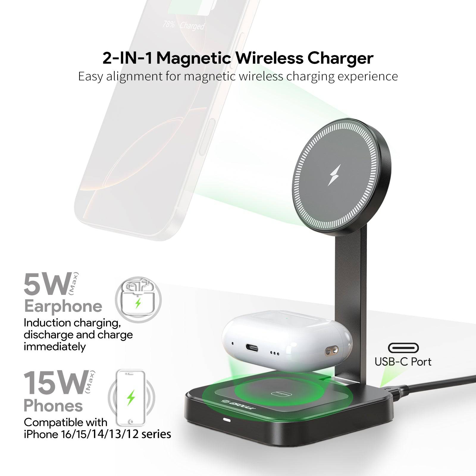 Esoulk 2-in-1 Foldable Magnetic Wireless Charger for phone and earbuds.