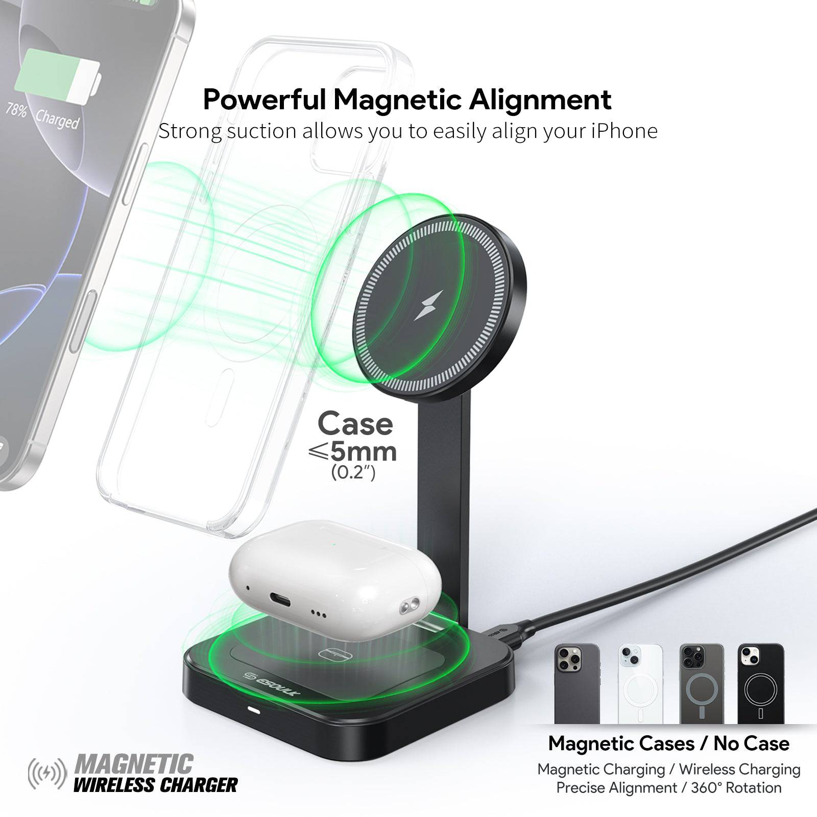 Esoulk 2-in-1 Foldable Magnetic Wireless Charger for phone and earbuds.