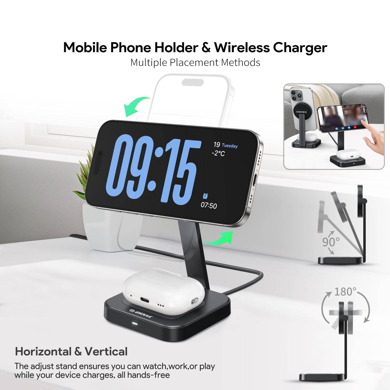 Esoulk 2-in-1 Foldable Magnetic Wireless Charger for phone and earbuds.