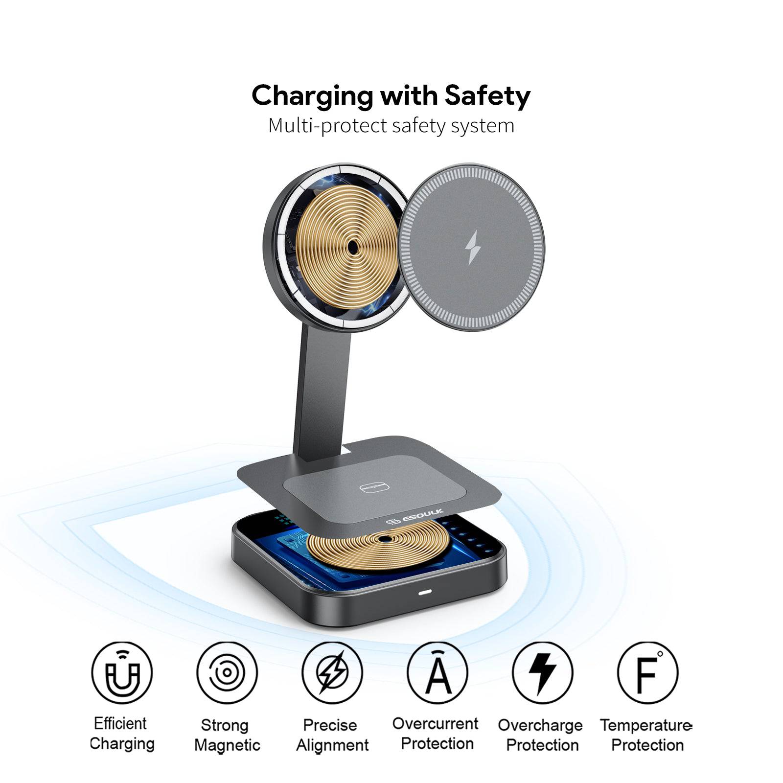 Esoulk 2-in-1 Foldable Magnetic Wireless Charger for phone and earbuds.