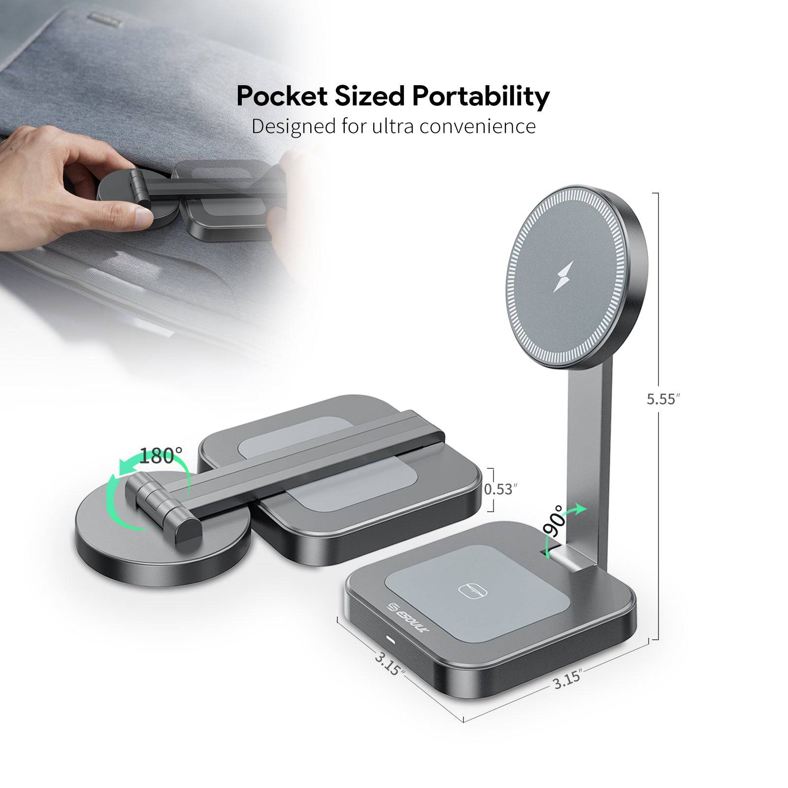 Esoulk 2-in-1 Foldable Magnetic Wireless Charger for phone and earbuds.