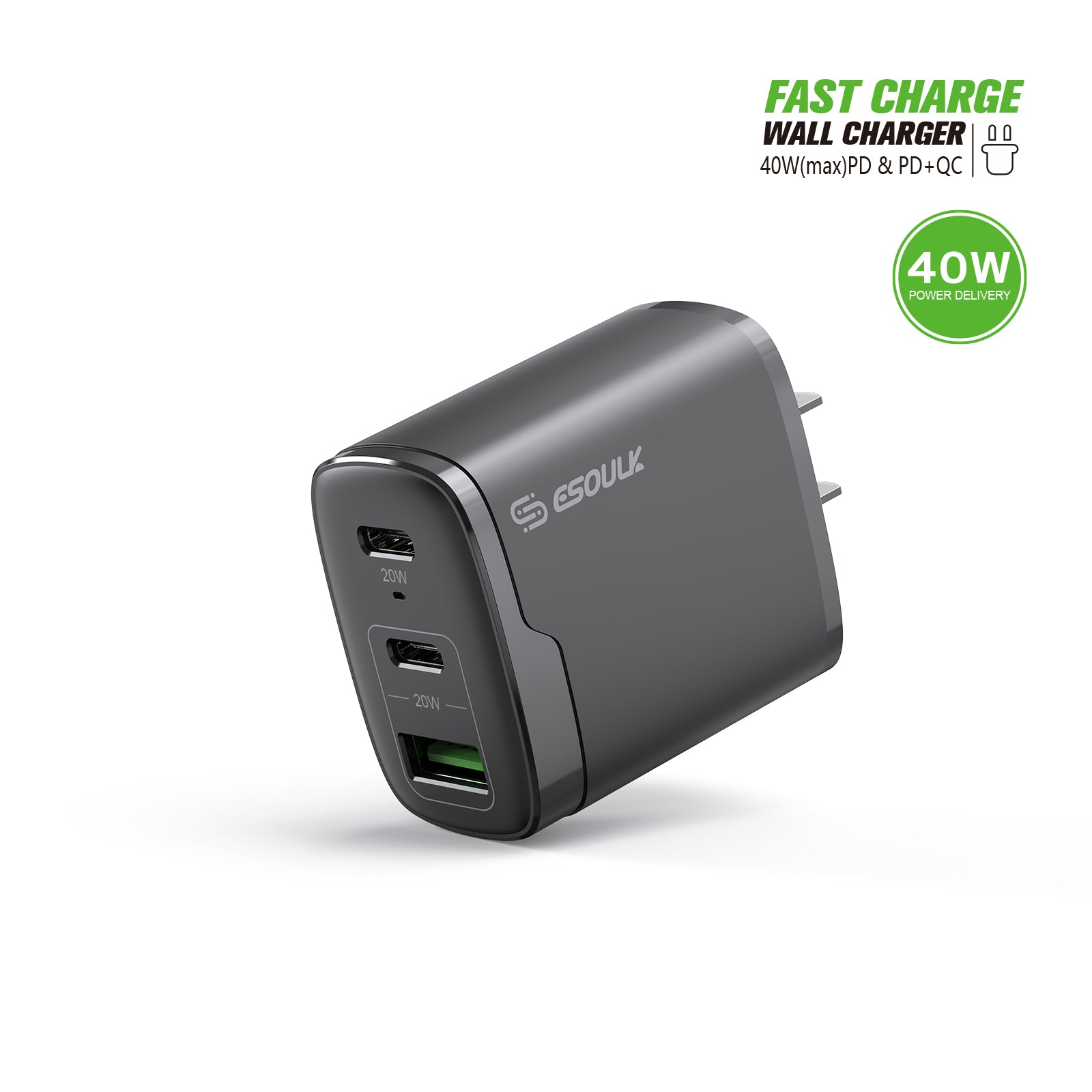 Esoulk 40W Fast Wall Charger Support USB-C & QC Fast Charging