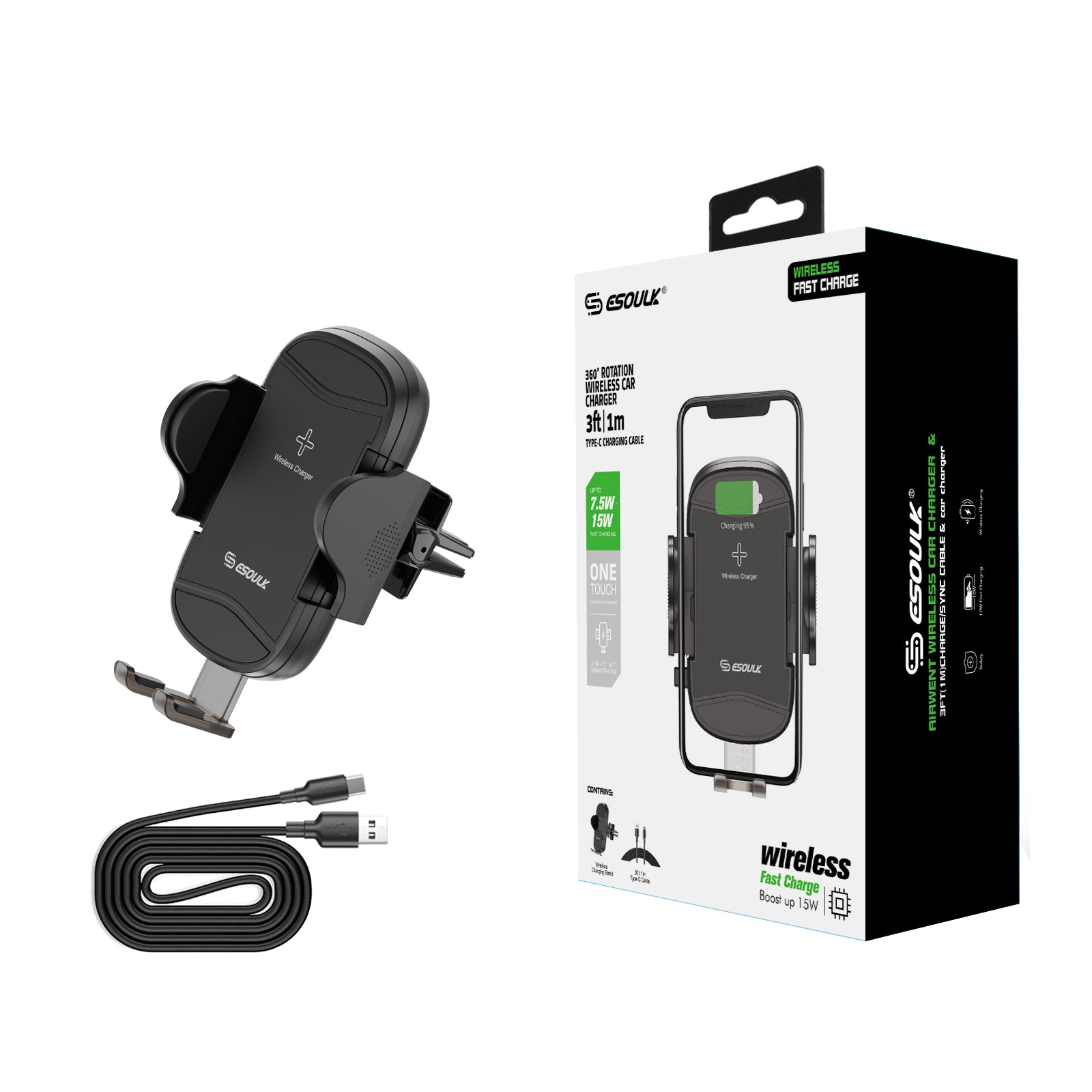 Esoulk Wireless Fast Car Charger with 360 degree rotation and 3ft Type-C Charging Cable