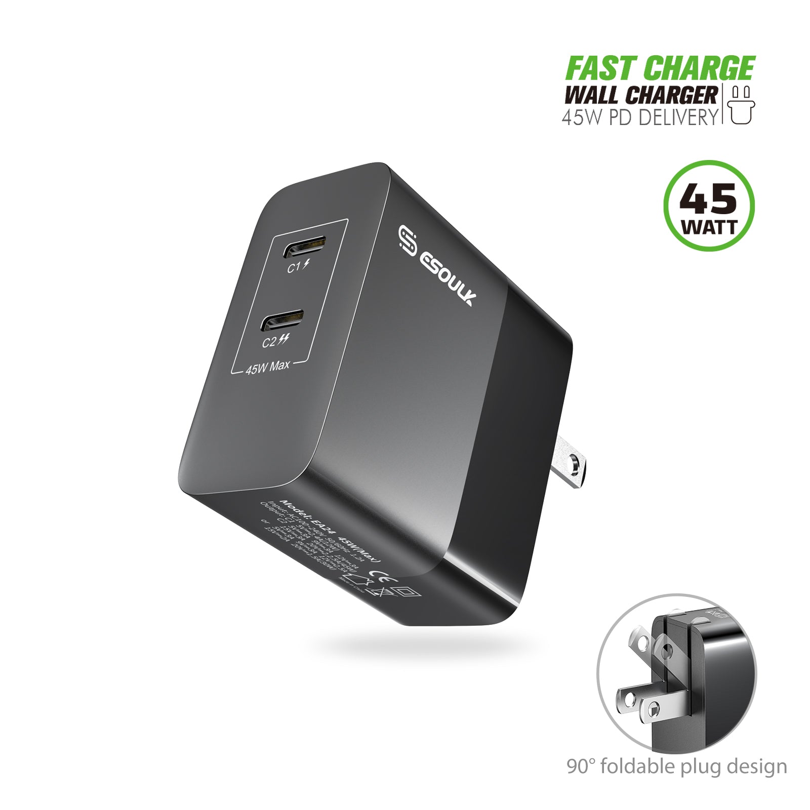 Esoulk 45W PD Fast Wall Charger Dual USB-C