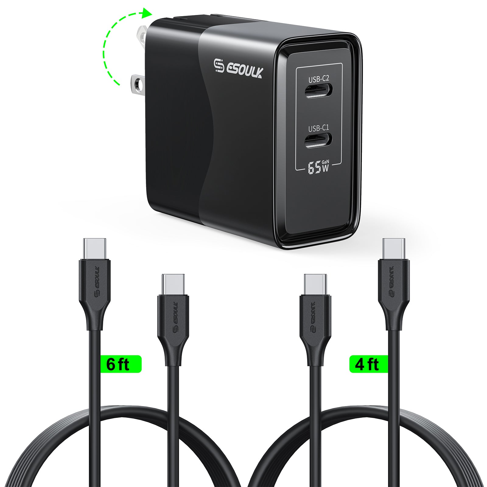 Esoulk 65W GaN Dual USB-C Wall Charger + 4Ft & 6Ft USB-C Cable