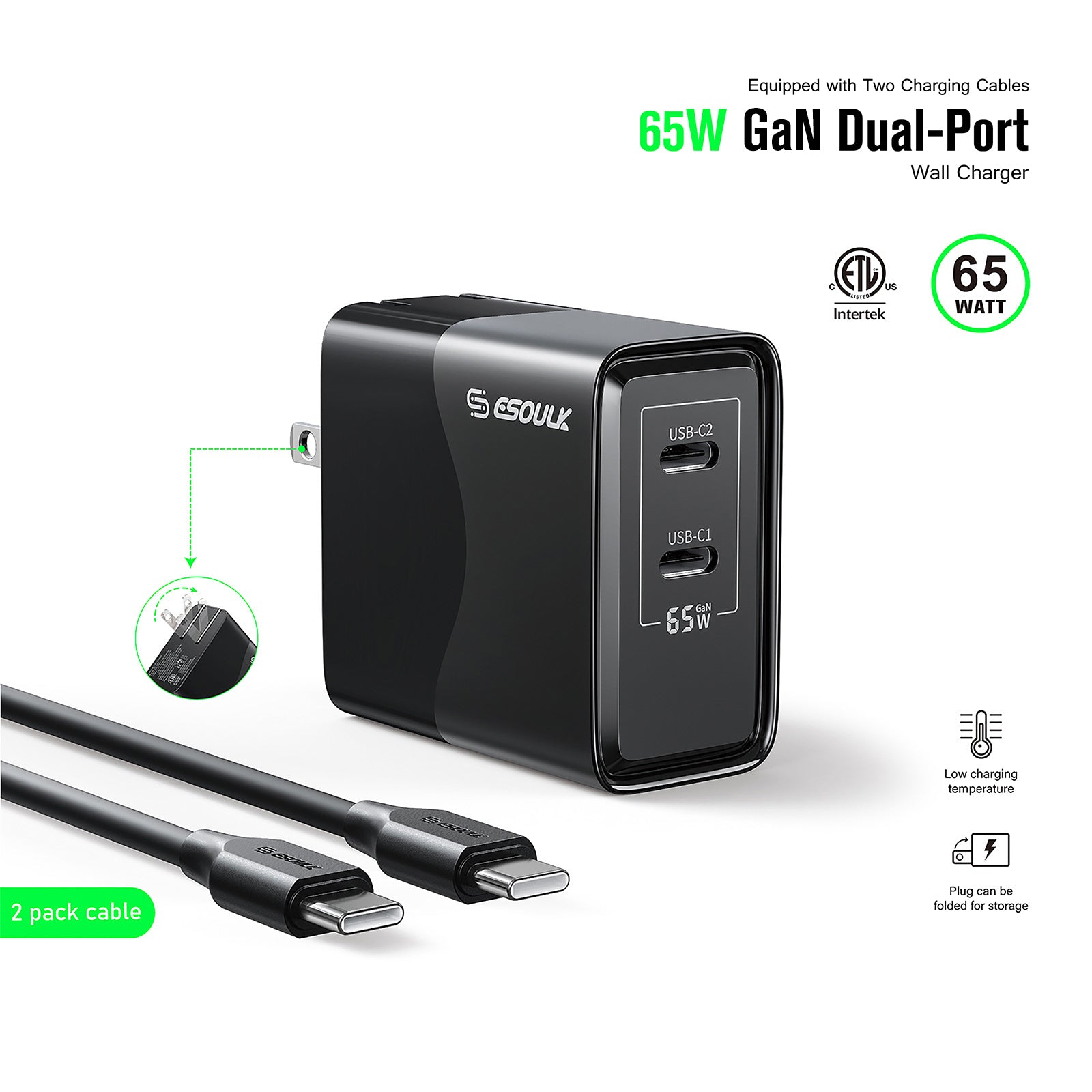 Esoulk 65W GaN Dual USB-C Wall Charger + 4Ft & 6Ft USB-C Cable