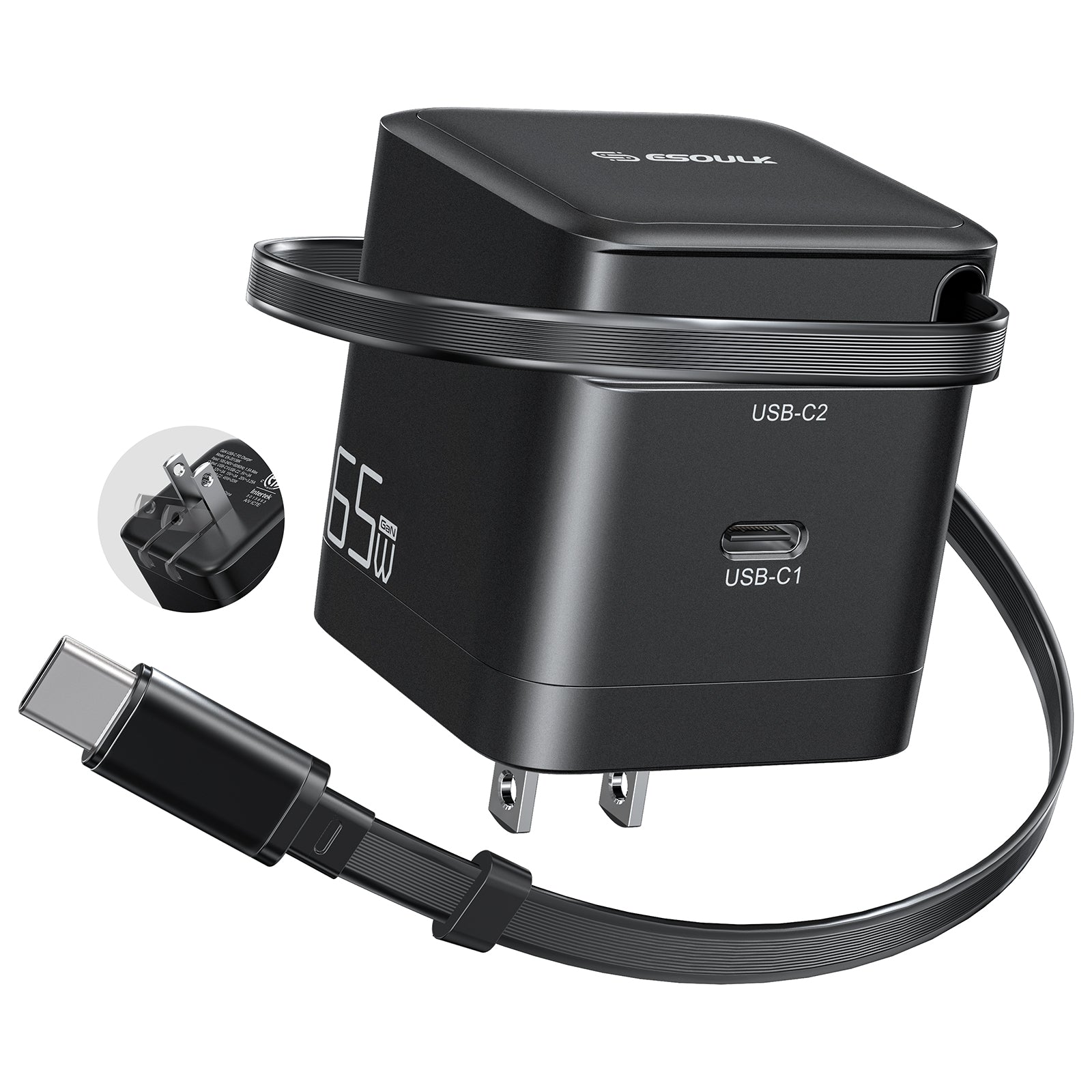 Esoulk 65W Wall Charger Built-in Retractable Type C Cable
