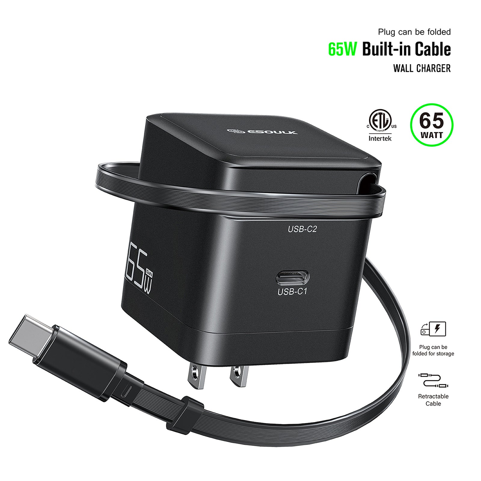 Esoulk 65W Wall Charger Built-in Retractable Type C Cable