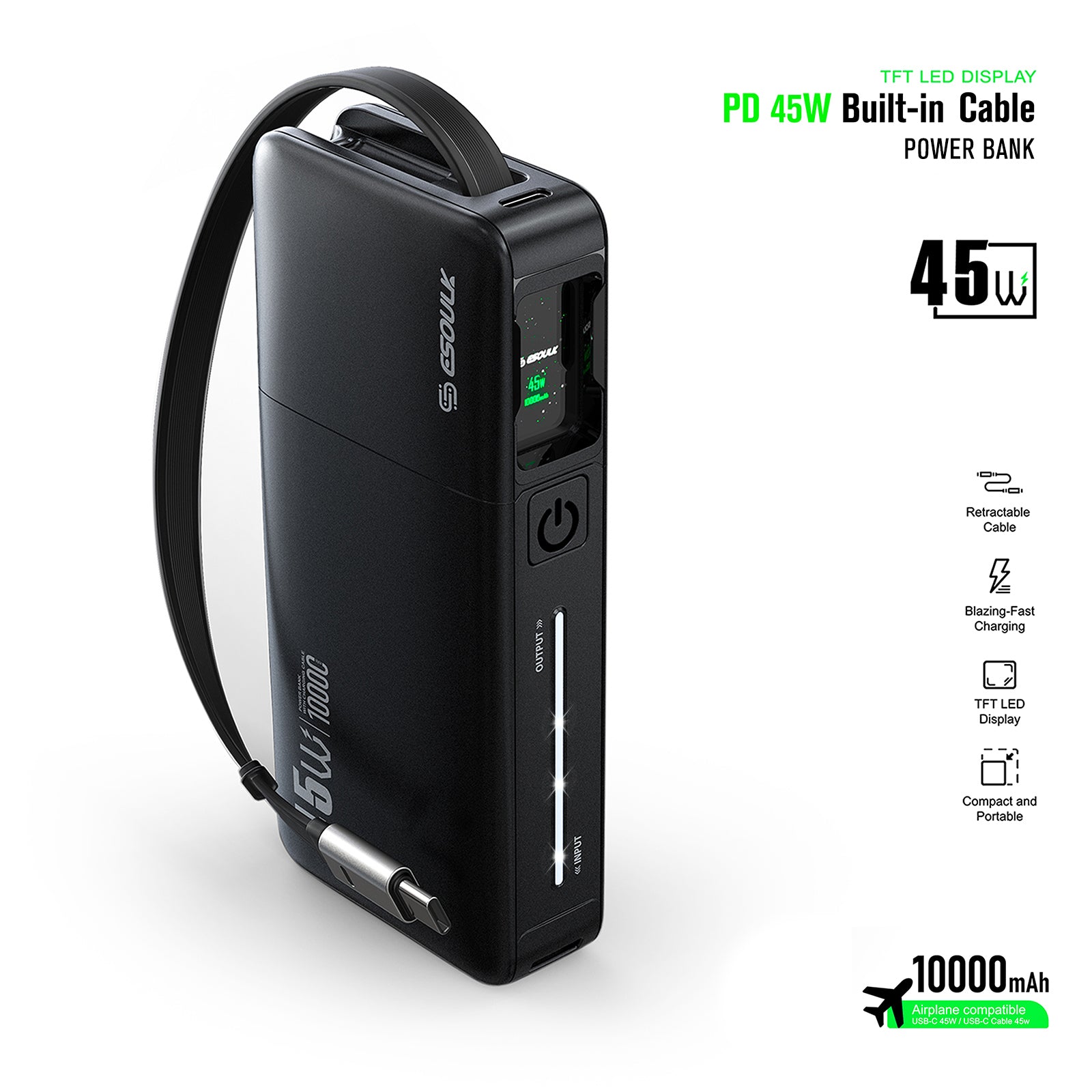 Esoulk 10000mAh PD 45W Built-in Retractable Cable Power Bank