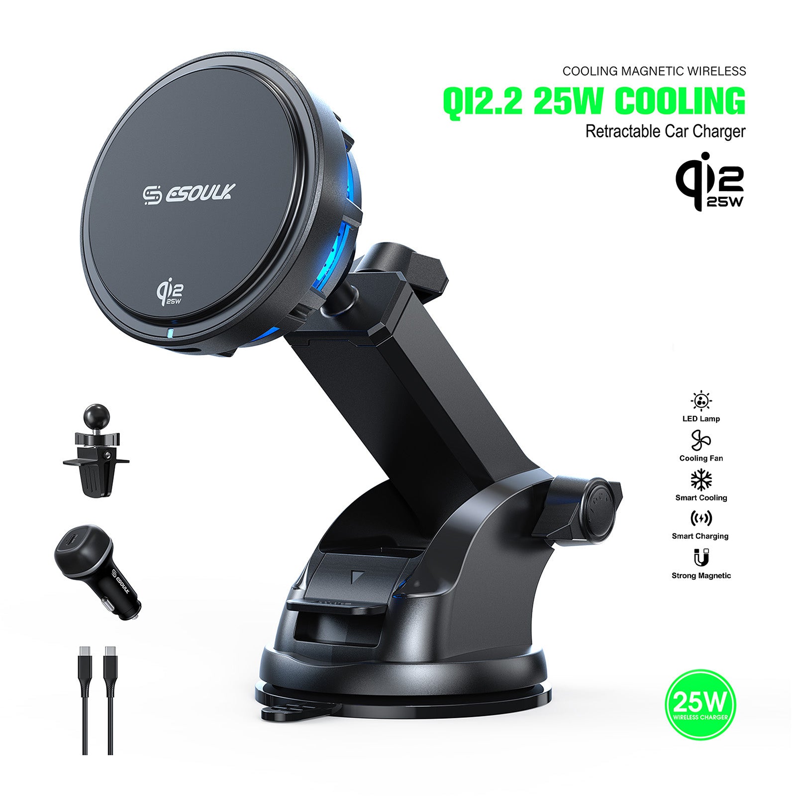 Esoulk 25W Qi2.2 Cooling Magnetic Wireless Car Charger Dashboard