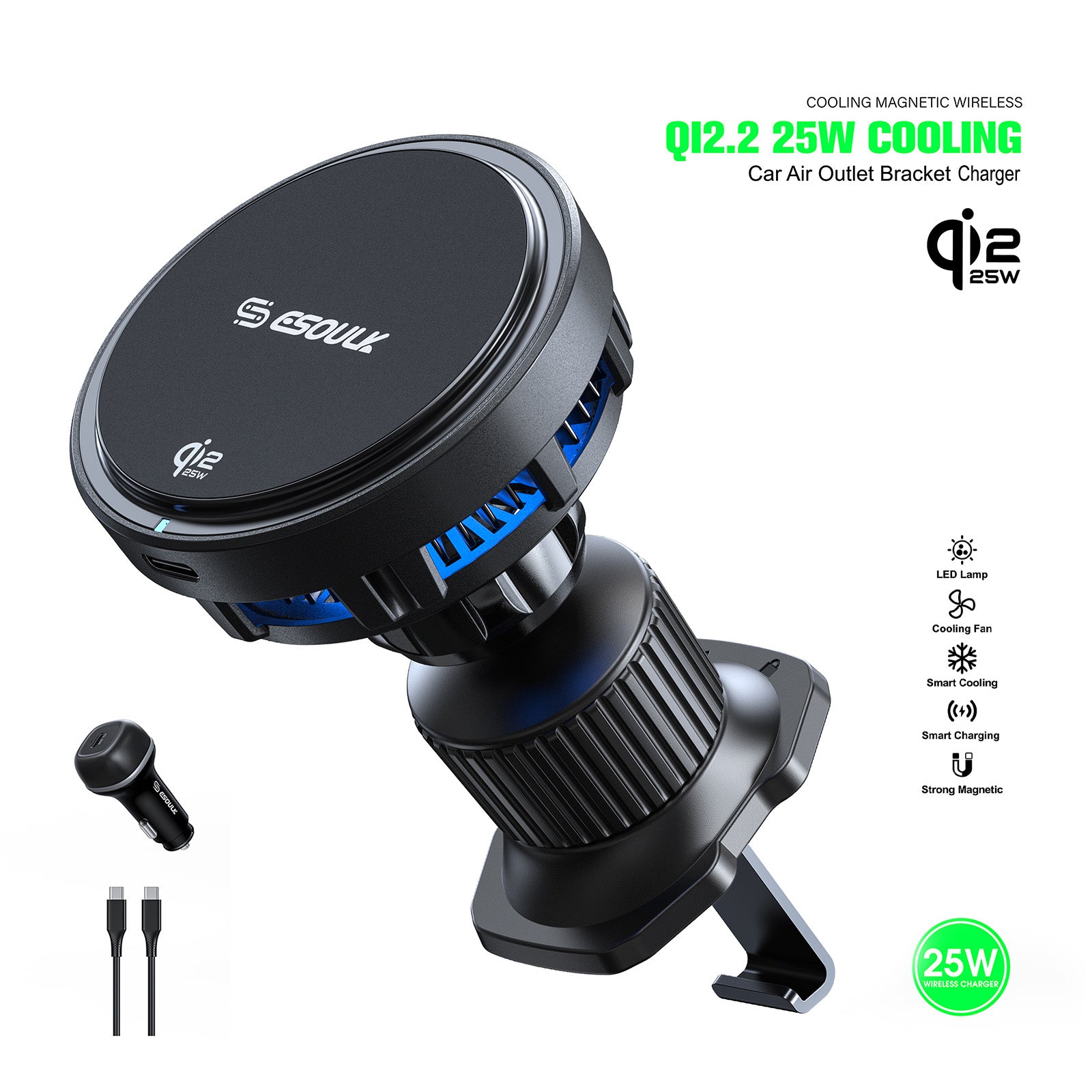 Esoulk Qi2-Certified 25W Cooling Magnetic Fast Wireless Car Charger