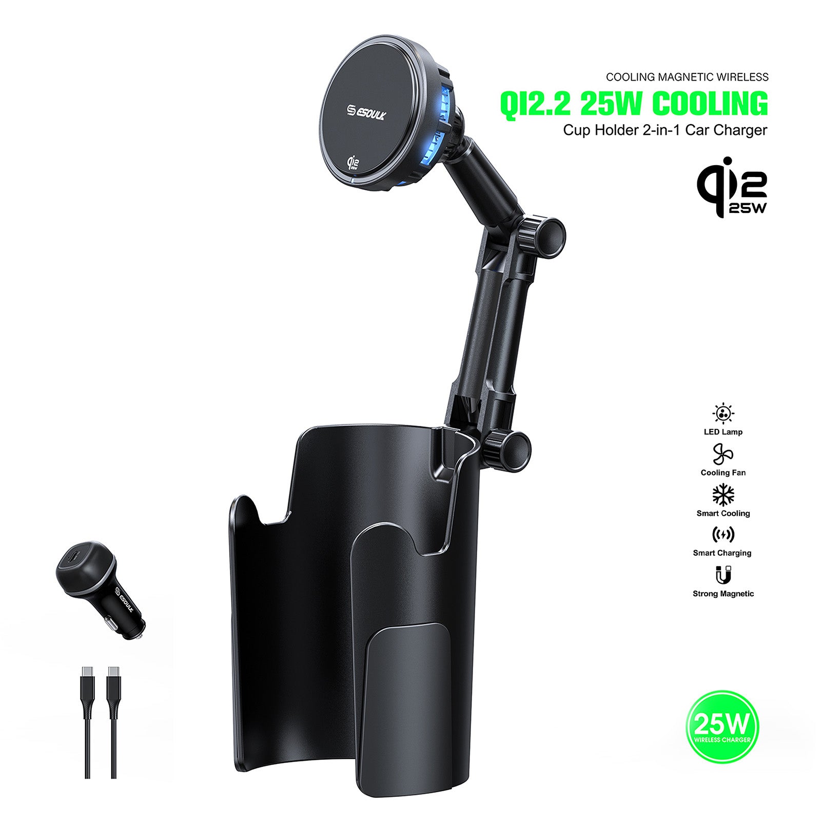 Esoulk 25W Qi2.2 Cooling Magnetic Wireless Car Charger Cup Holder