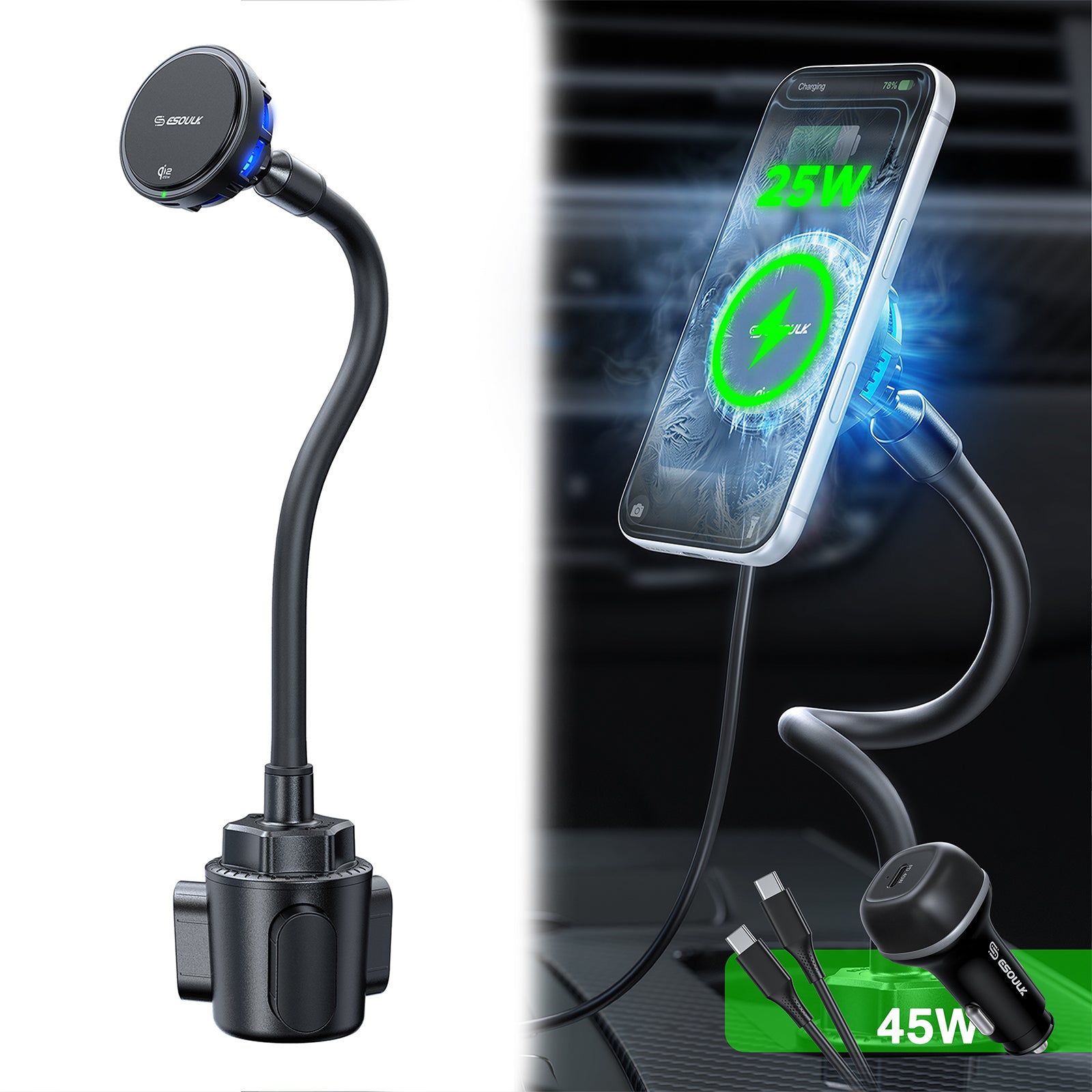 Esoulk 25W Qi2.2 Cooling Magnetic Wireless Car Charger Cup Holder Mount
