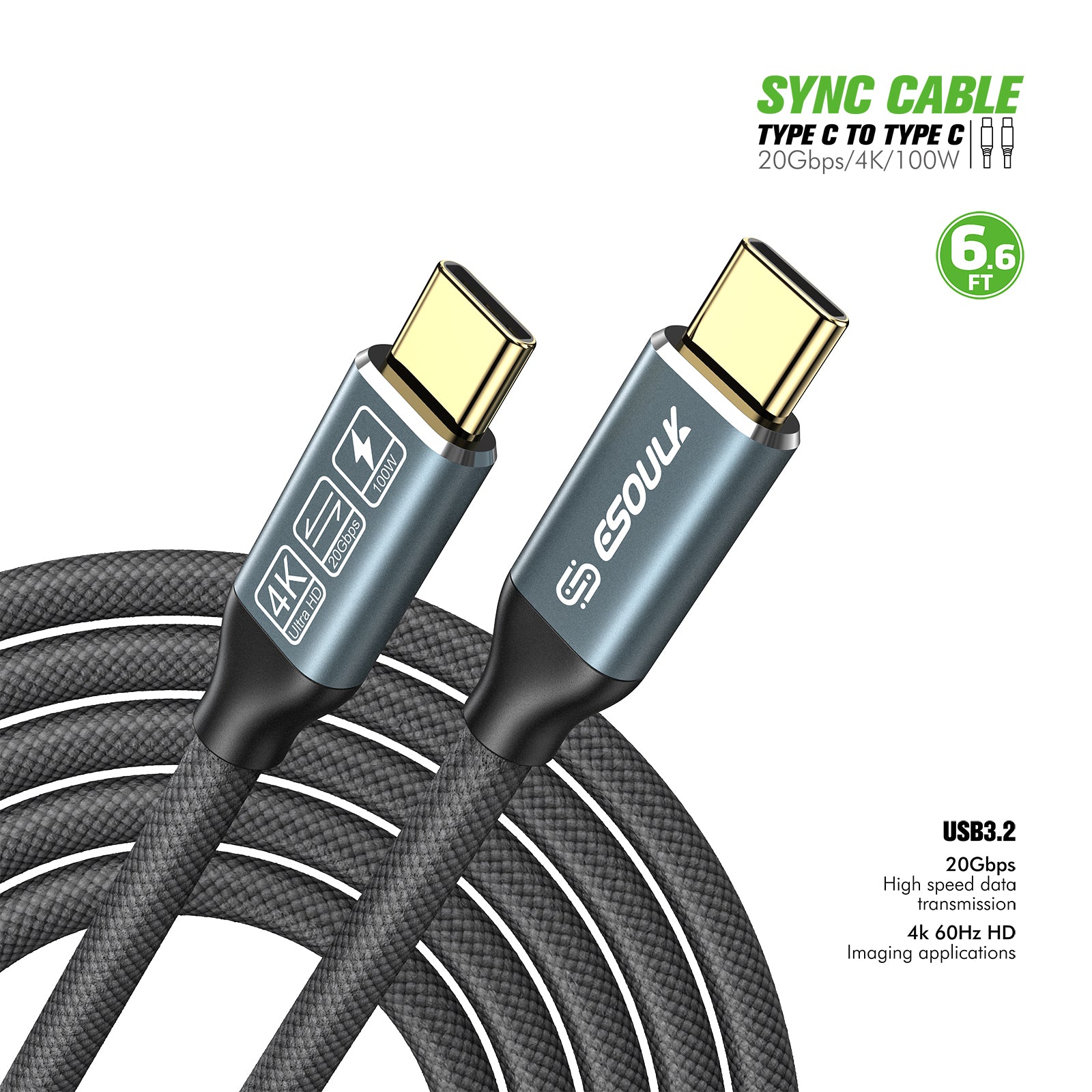 Esoulk 6.6ft 100W USB Type C to Type C Data Sync Cable