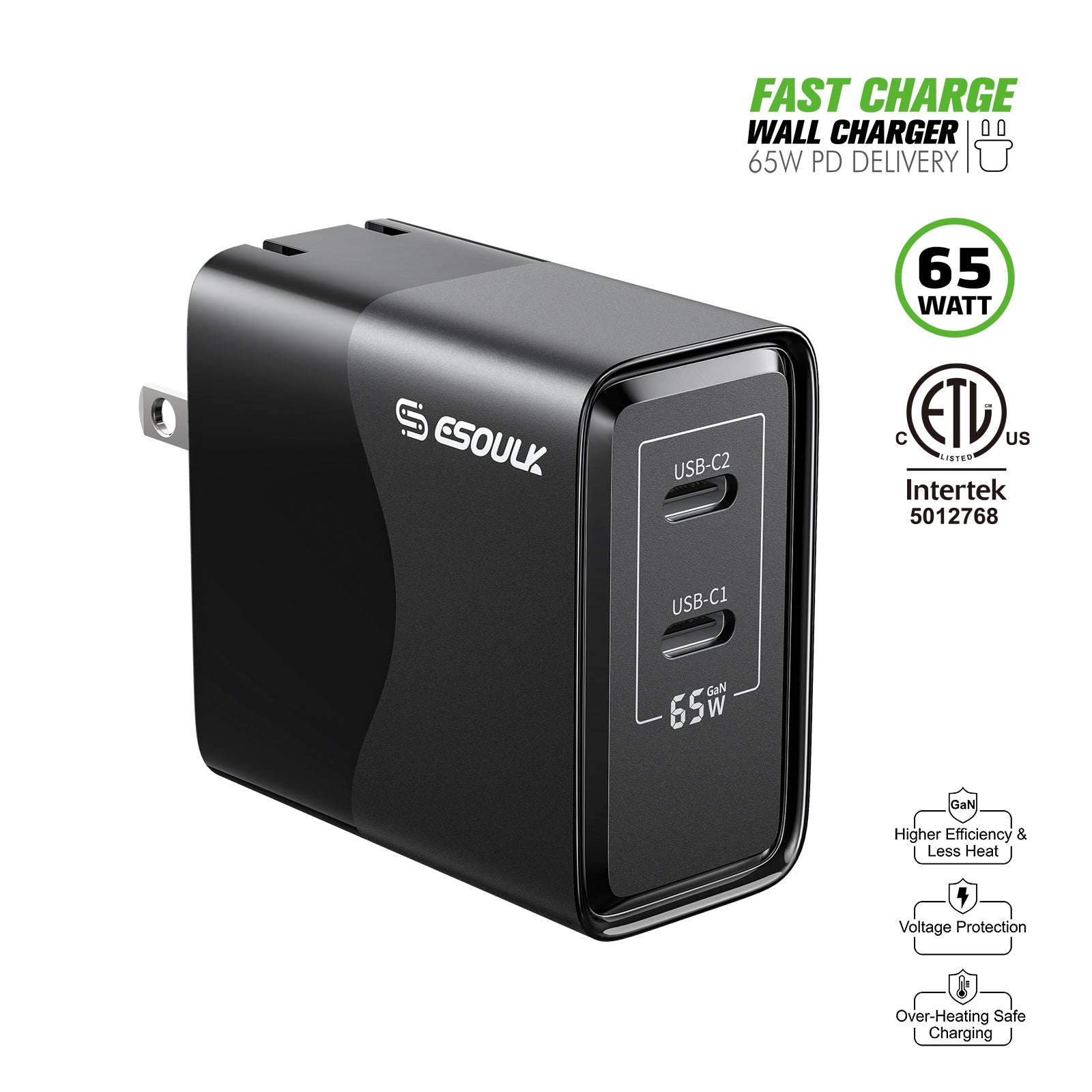 Esoulk 65W Fast Charge Wall Charger Dual USB-C