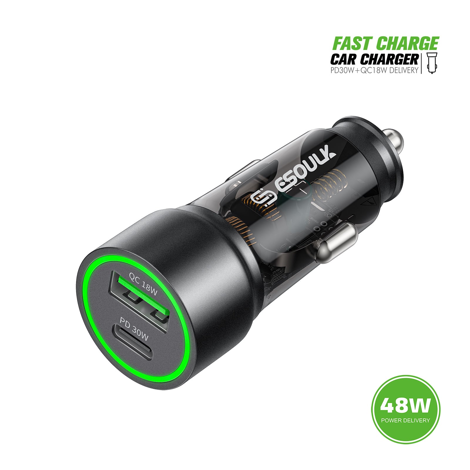 Esoulk 30W Fast Car Charger with USB for iPhone Models and Android Devices