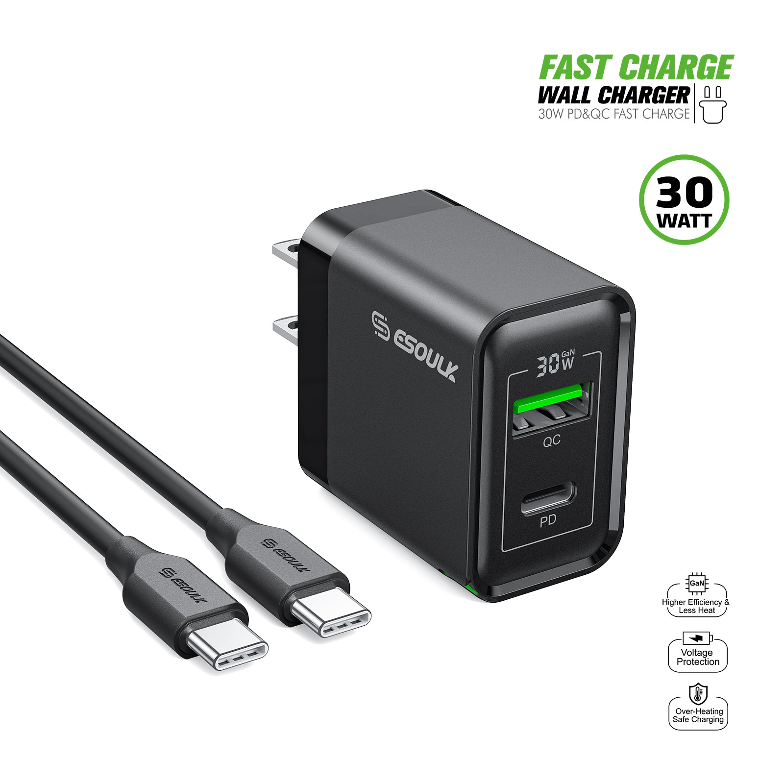 Esoulk 30W PD &QC Fast Charge Wall Charger with 5ft USB-C to USB-C Cable