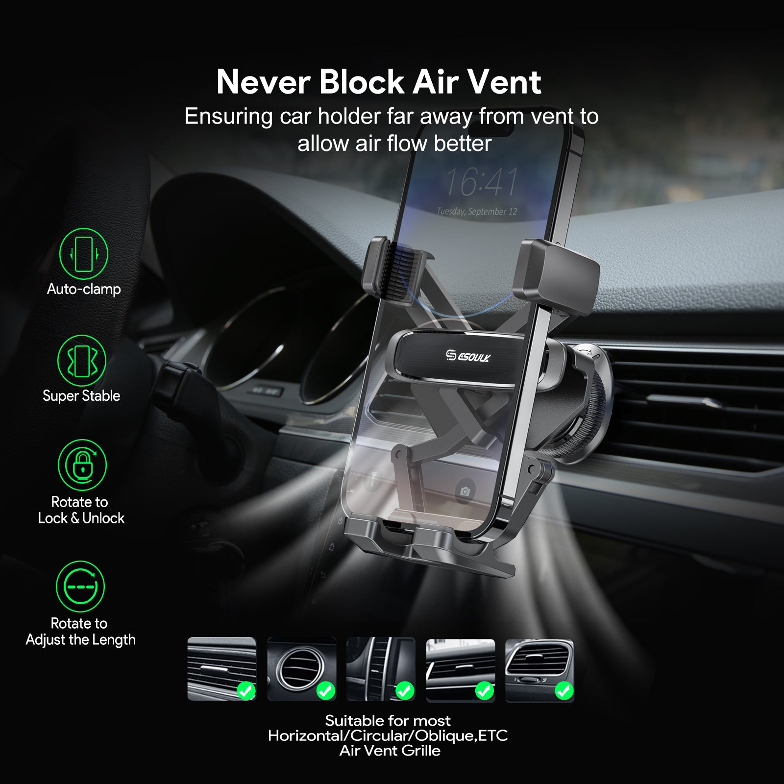 Esoulk Gravity Air Vent Car Phone Holder for iPhone models and Android devices