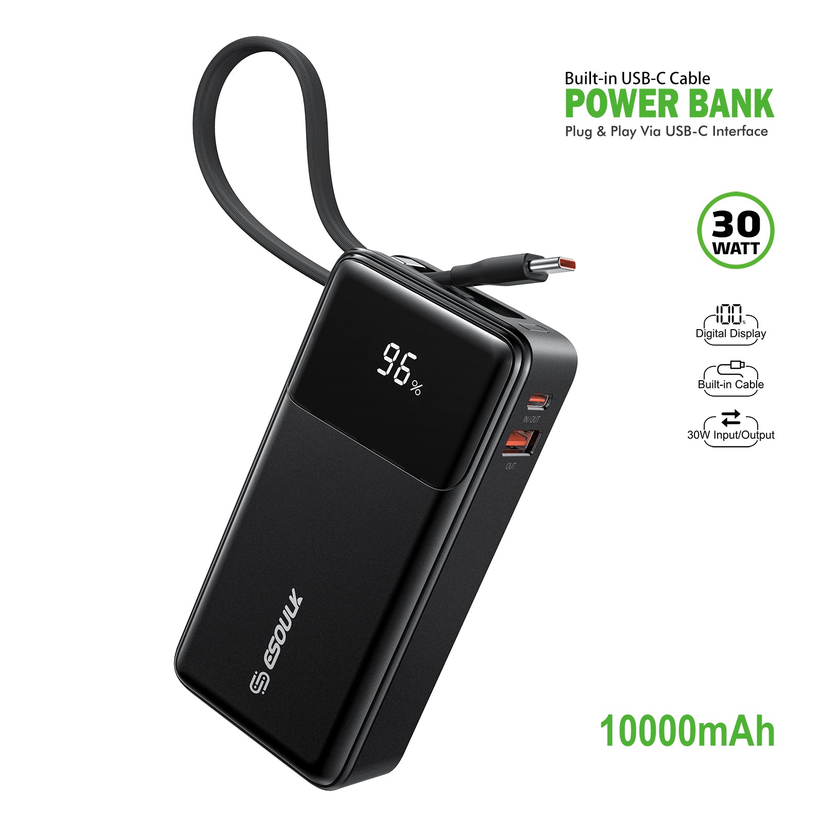 Esoulk Power Bank with Built-In USB-C Cable 10,000mAh 30W – Fast Charging on the Go