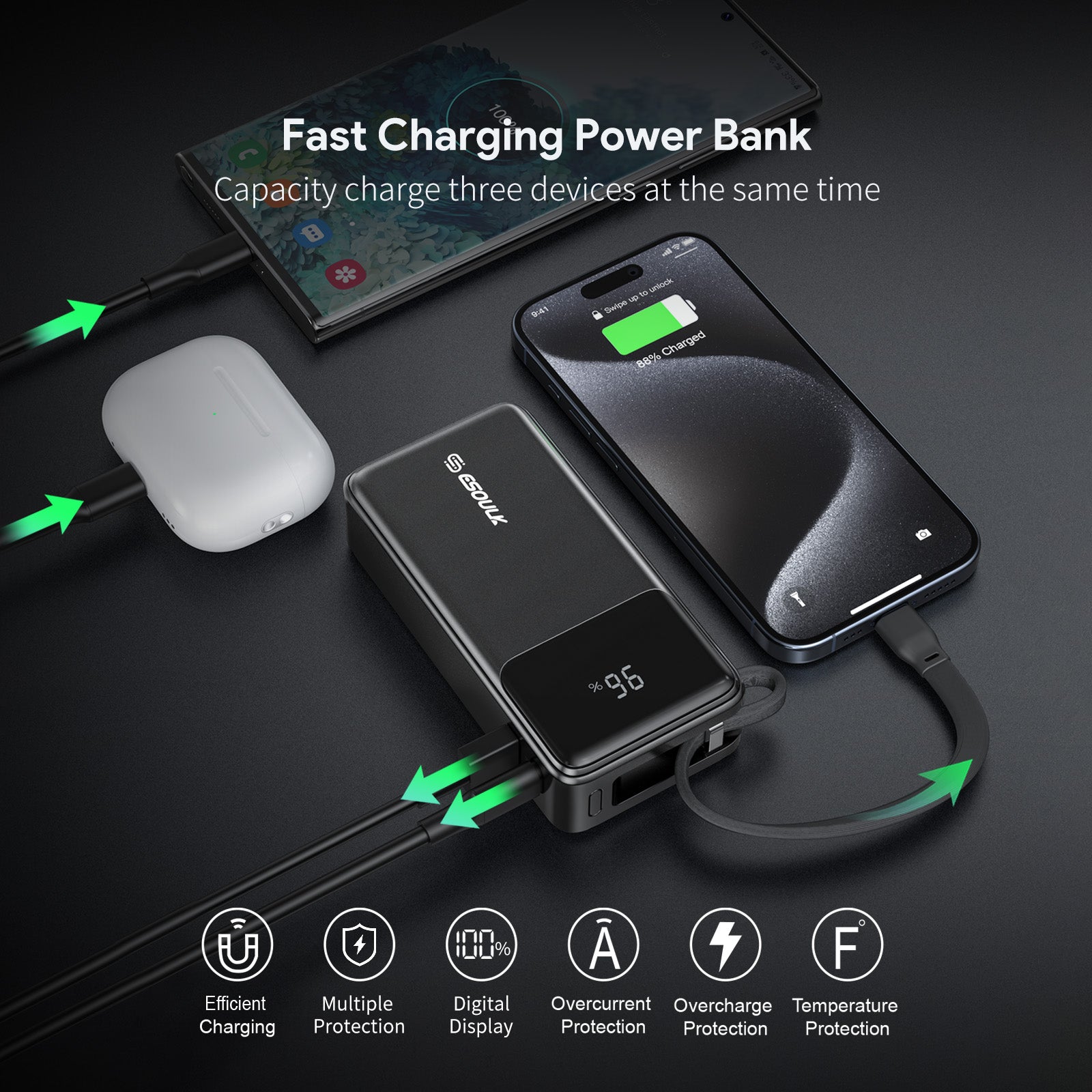 Esoulk Power Bank with Built-In USB-C Cable 10,000mAh 30W – Fast Charging on the Go