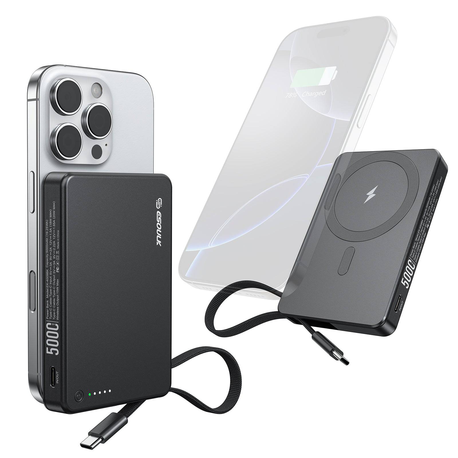 Esoulk 5000mAh Magnetic Wireless Charger with Built-in Type-C Cable.