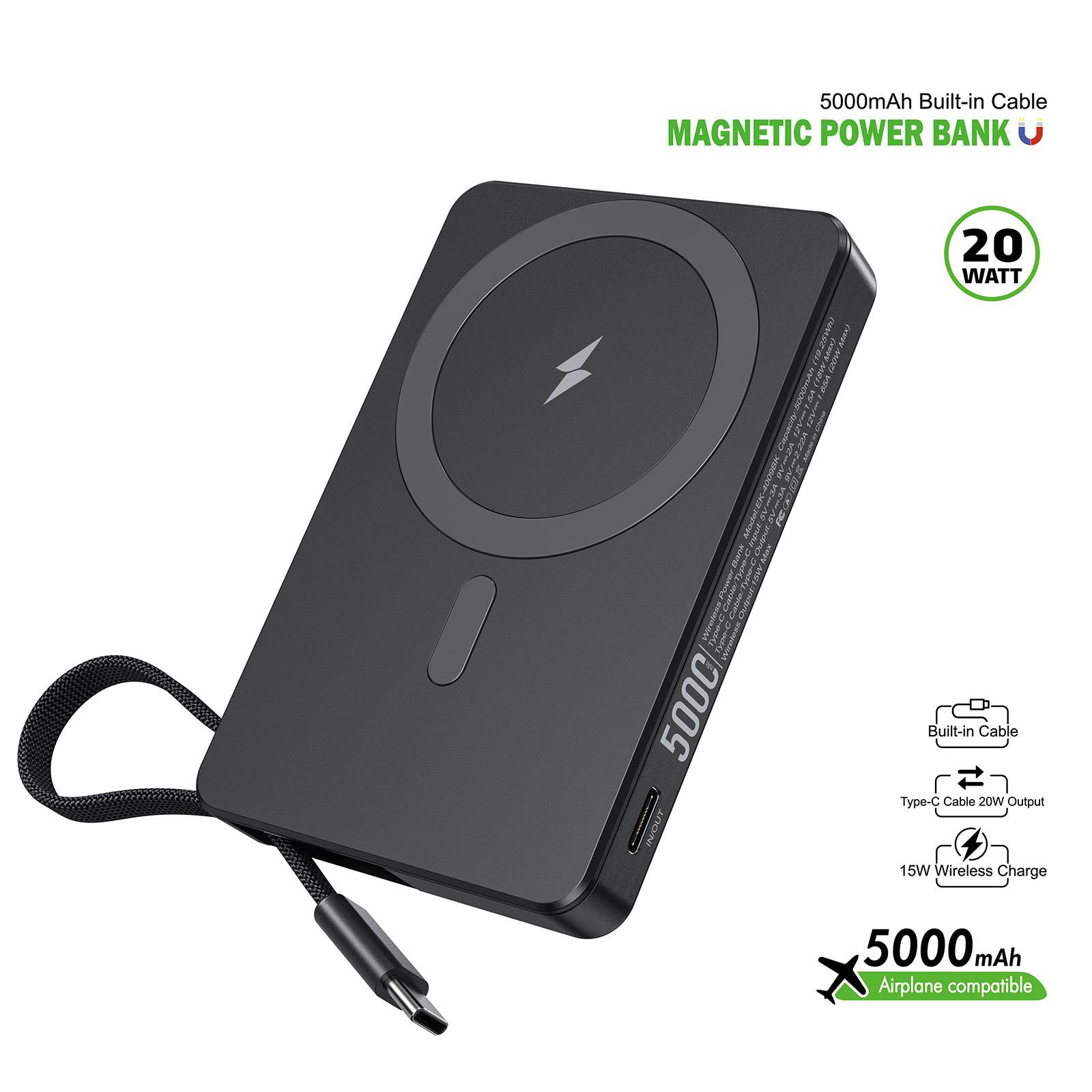 Esoulk 5000mAh Magnetic Wireless Charger with Built-in Type-C Cable.