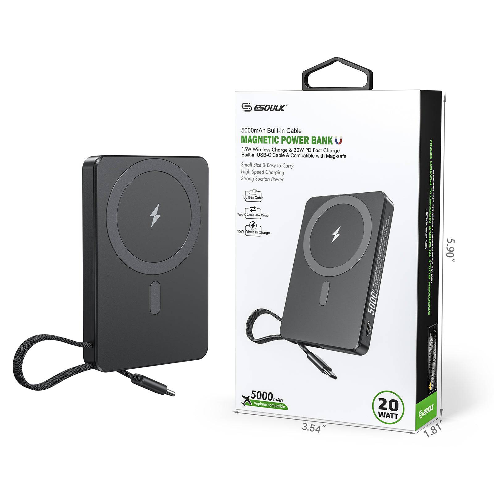 Esoulk 5000mAh Magnetic Wireless Charger with Built-in Type-C Cable.
